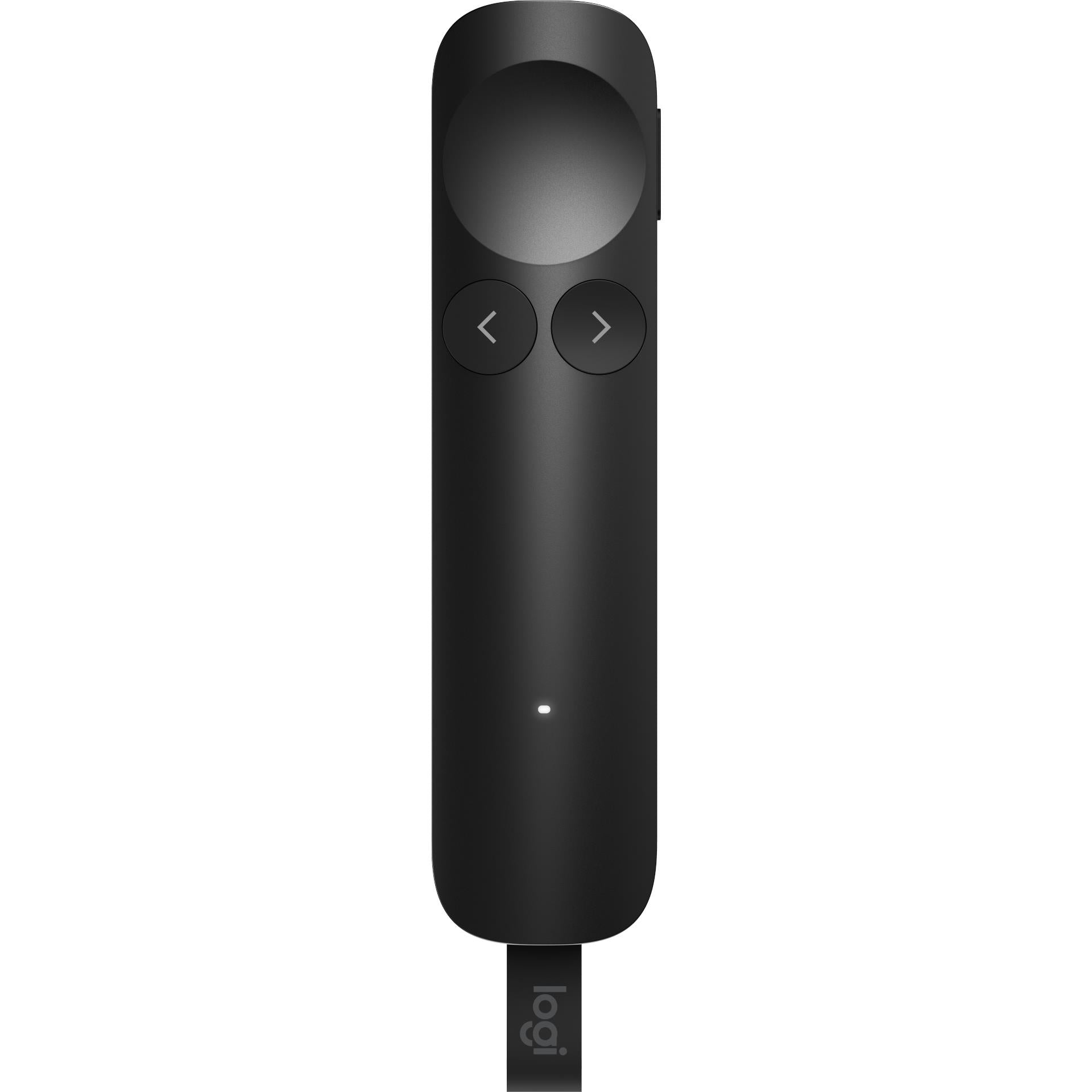 Graphite wireless presentation remote showing top lens and two arrow buttons