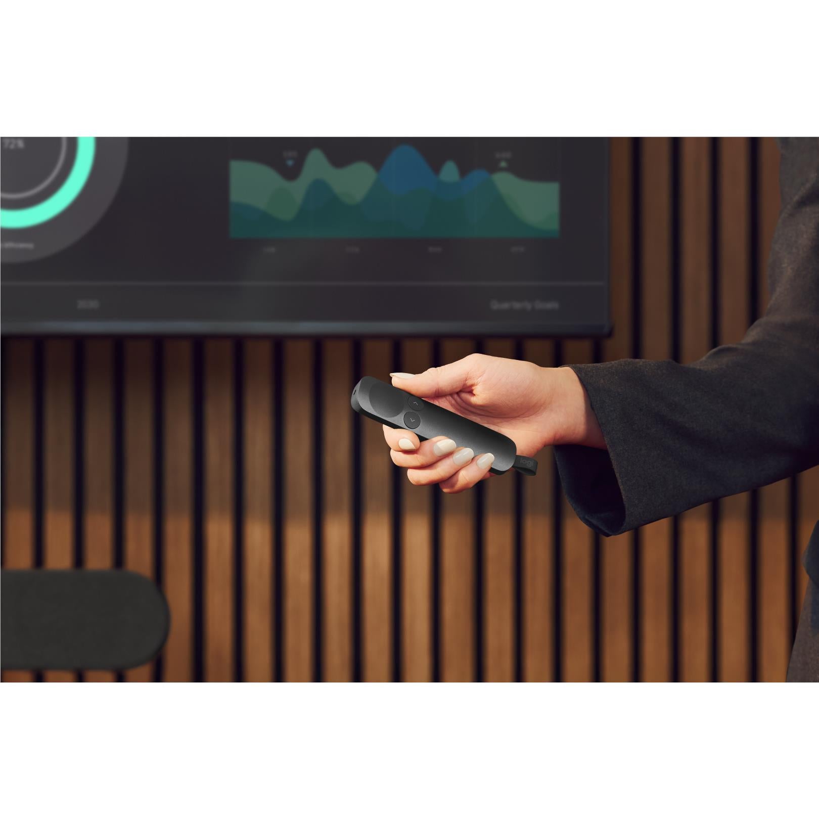Graphite wireless presentation remote held in hand, slim body and click buttons