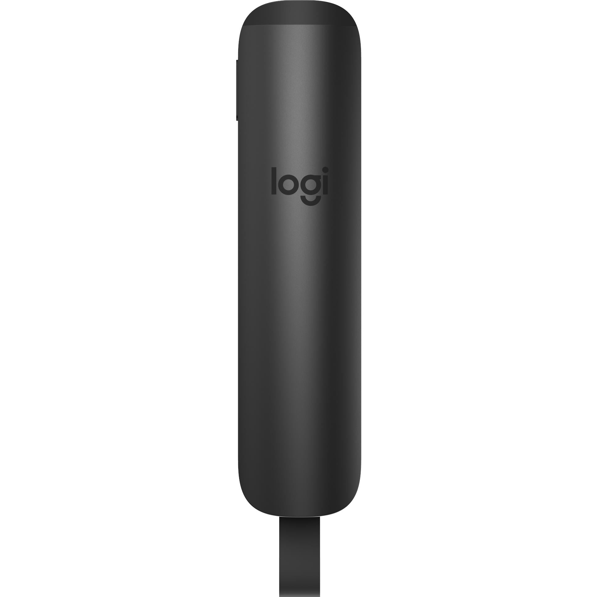 Graphite wireless presentation remote with rear logi branding and rounded body