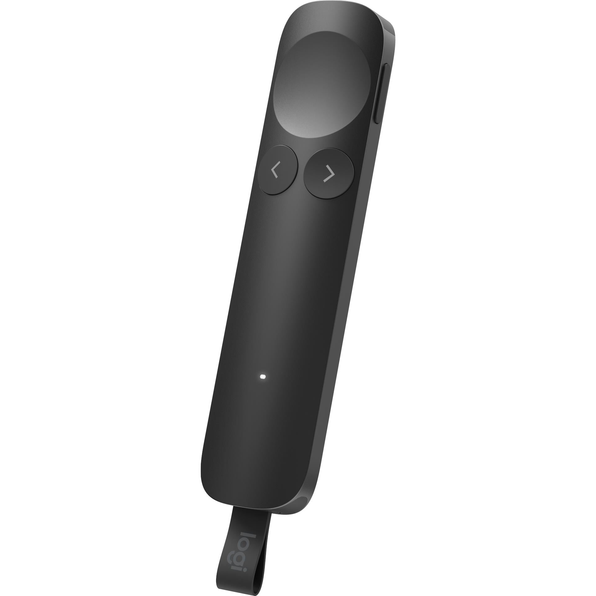 Graphite wireless presentation remote angled view with arrow buttons and side switch