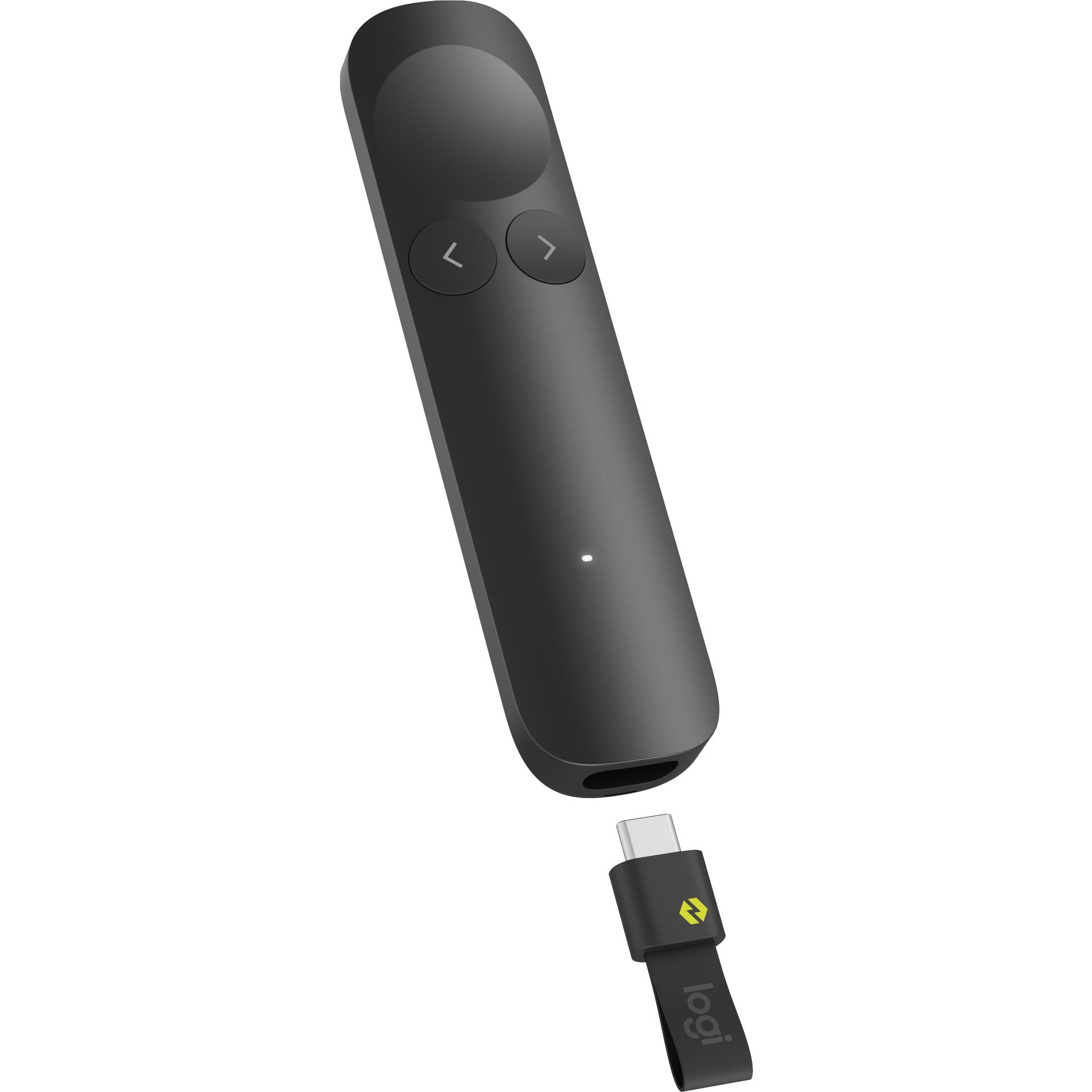 Graphite wireless presentation remote with USB receiver adapter attached