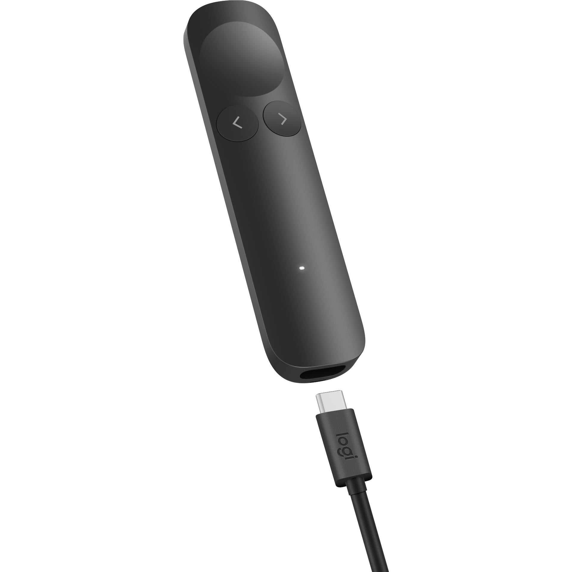 Graphite wireless presentation remote showing USB connector and top arrow buttons
