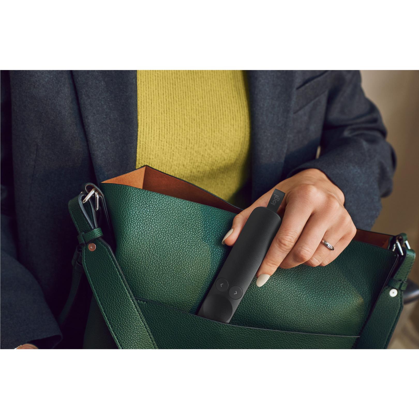 Wireless presentation remote in hand, clipped inside a green organizer bag