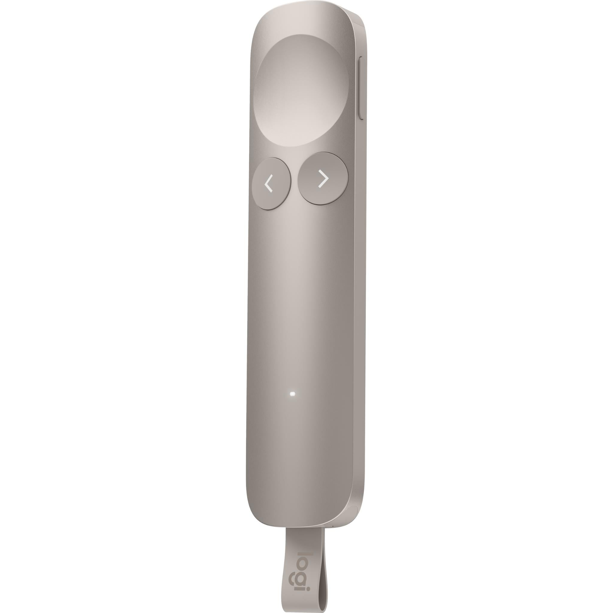 Sand white wireless presentation remote with circular top and left/right buttons