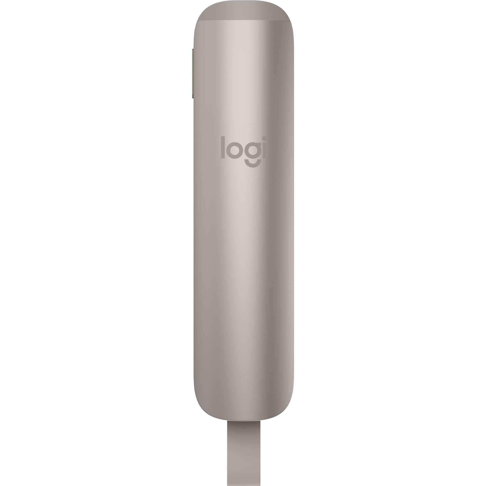 Sand white wireless presentation remote with “logi” branding on the back
