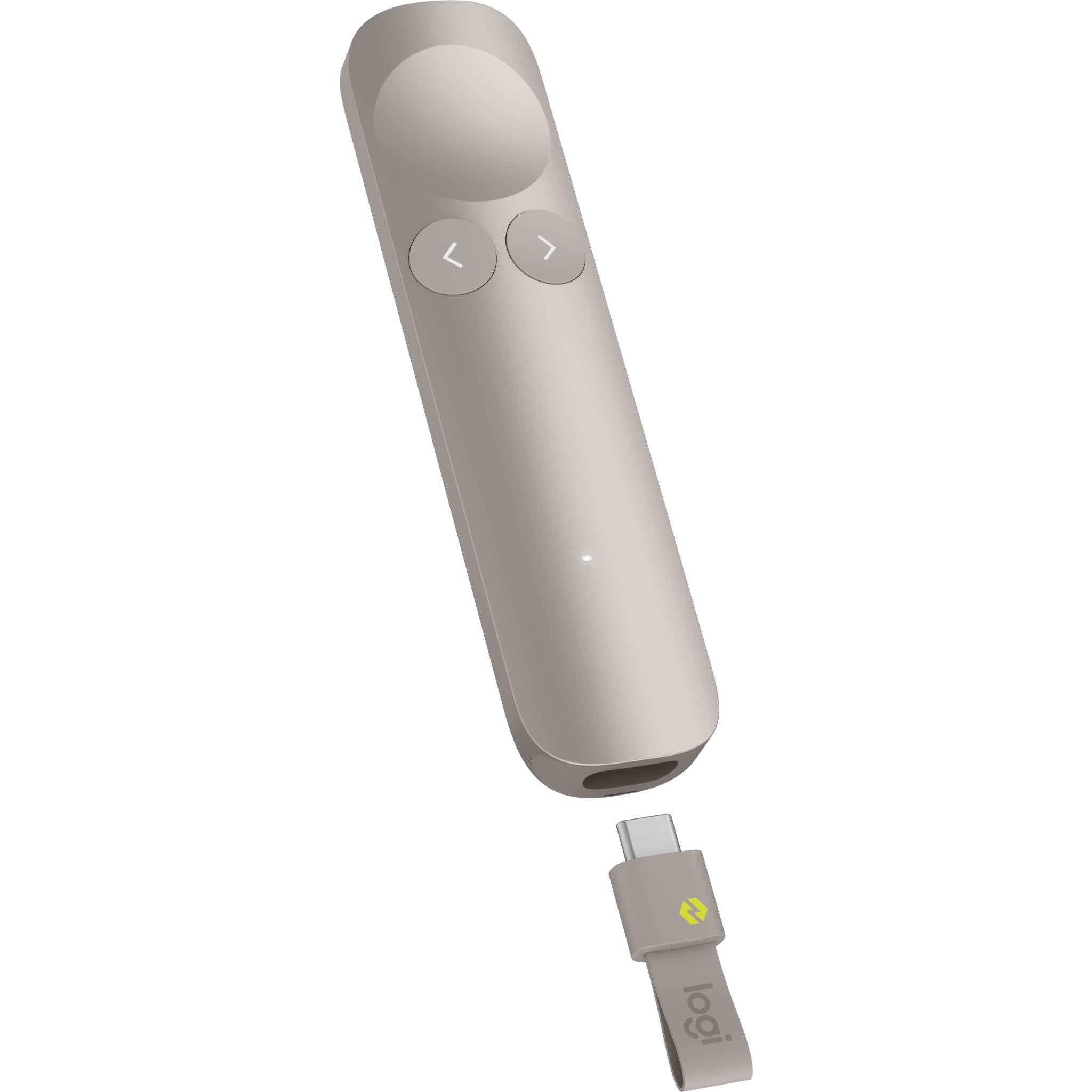 Sand white wireless presentation remote with USB receiver attached at the bottom