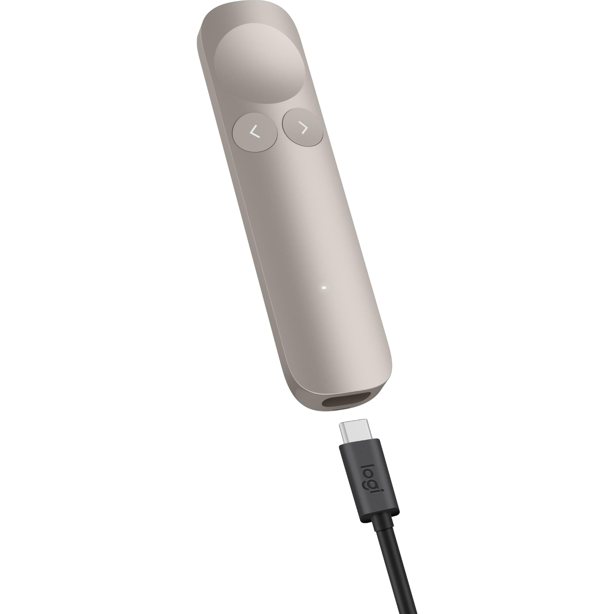 Sand white wireless presentation remote with USB receiver and cable connection