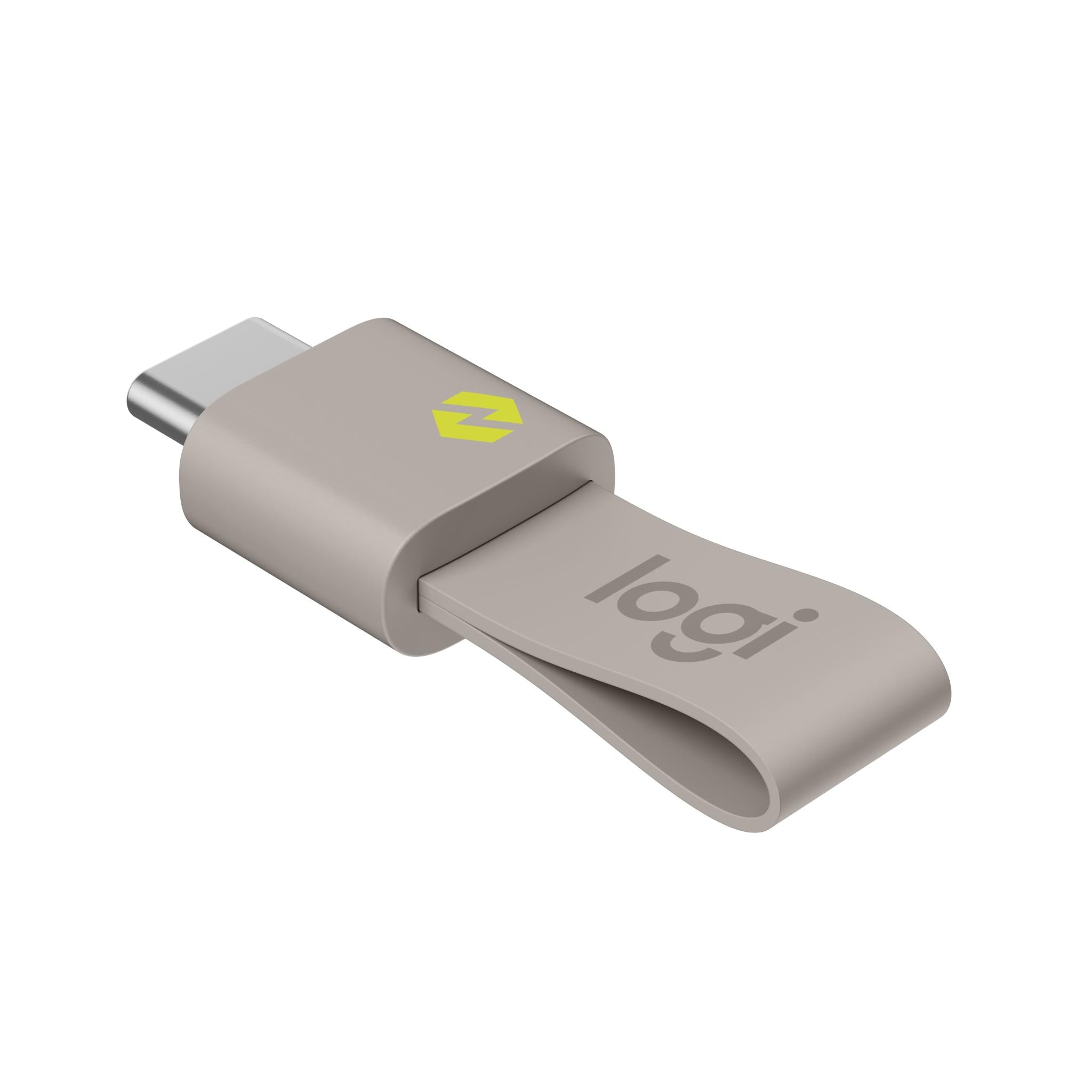 Sand white USB receiver end with yellow logo and remote housing attached