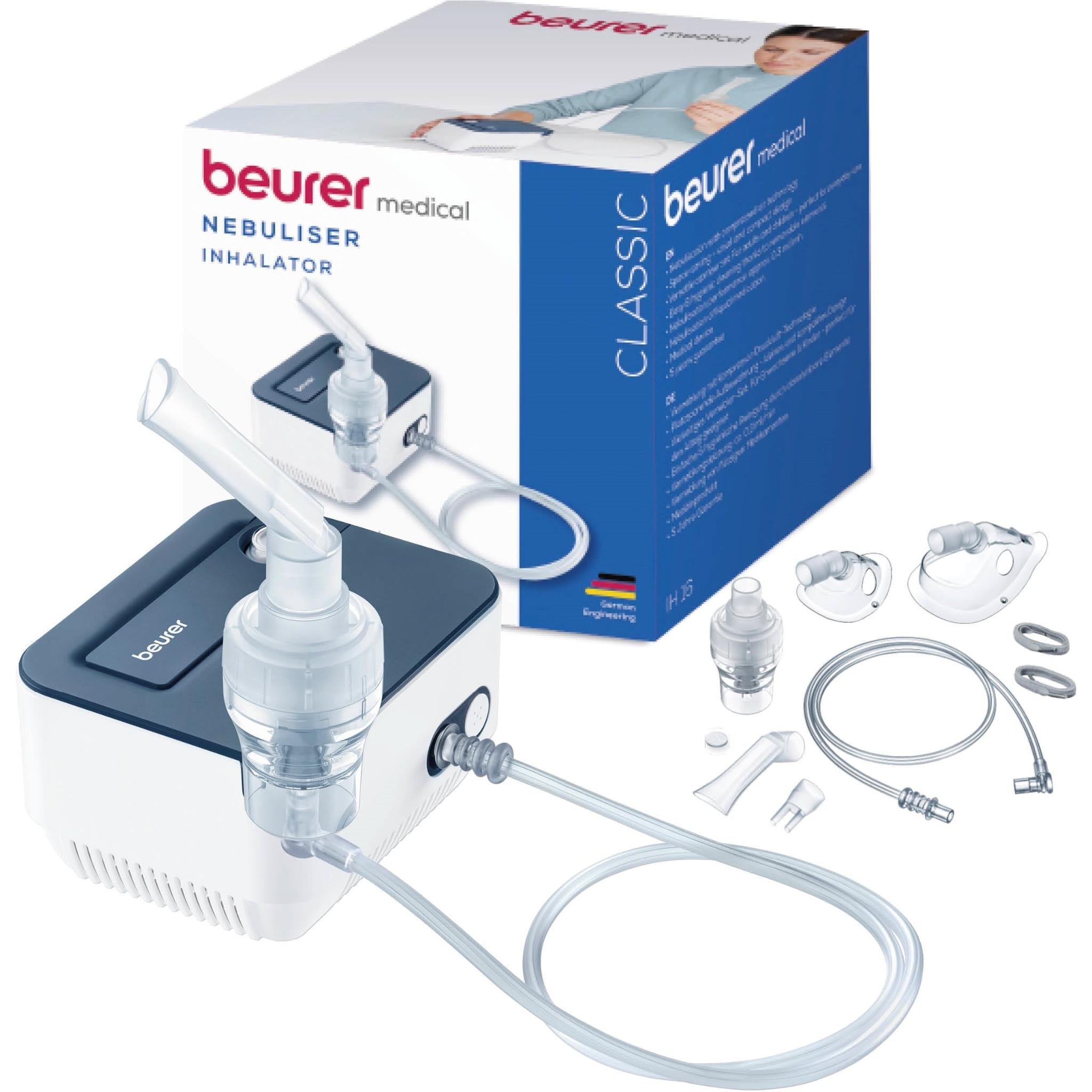 Beurer compact compressed-air nebuliser with mask, mouthpiece, tubing, and accessories