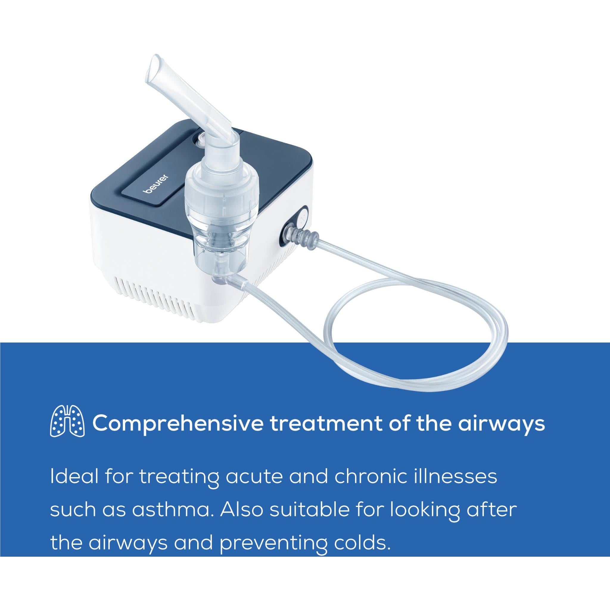 Compact compressed-air nebuliser with medication cup, mouthpiece, and air tubing