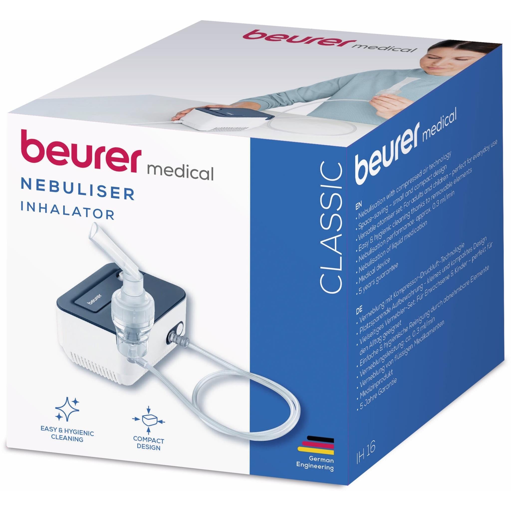 Beurer medical nebuliser kit with compressed-air unit, nebuliser parts, and tubing