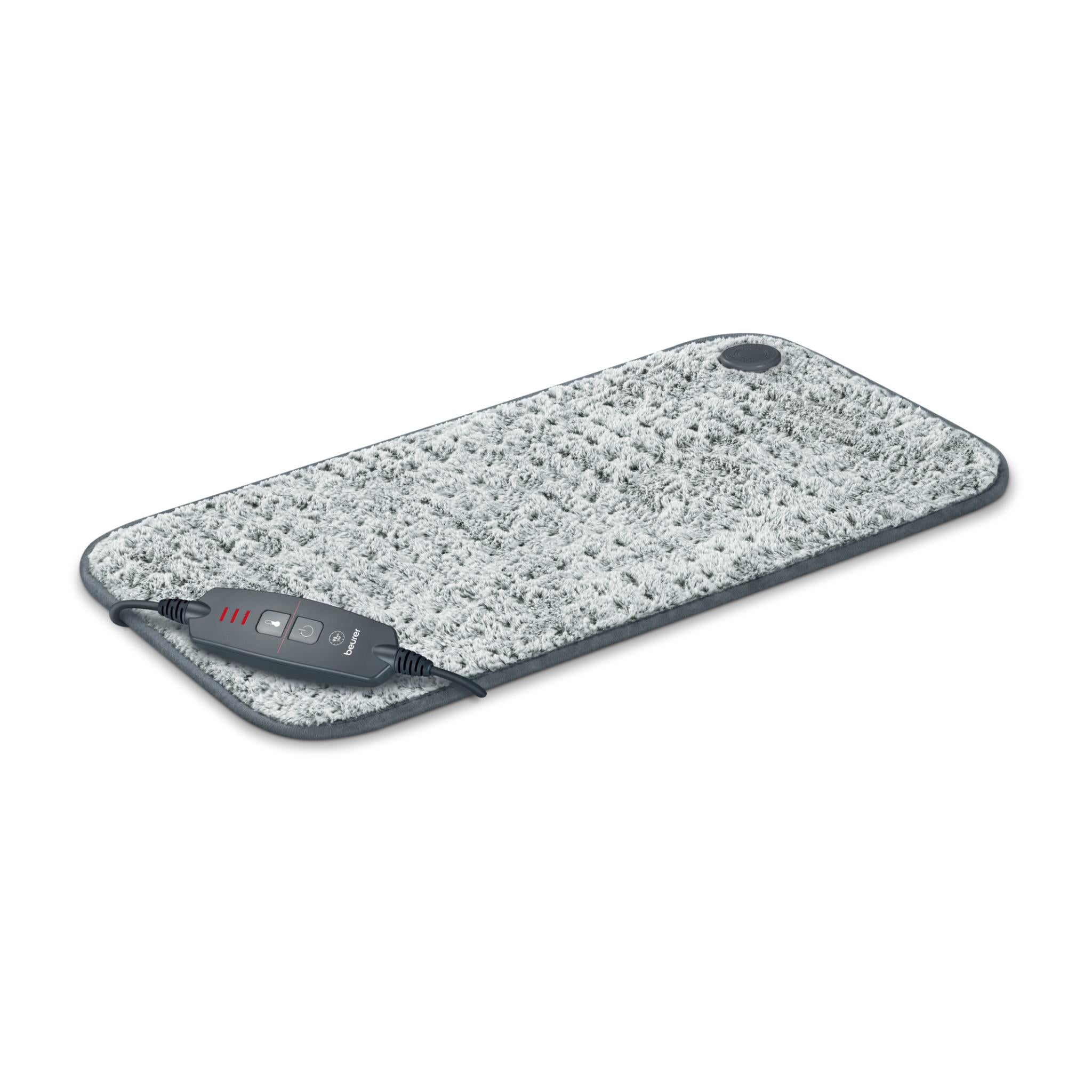 Grey fabric personal heating pad with attached controller and round sensor cap