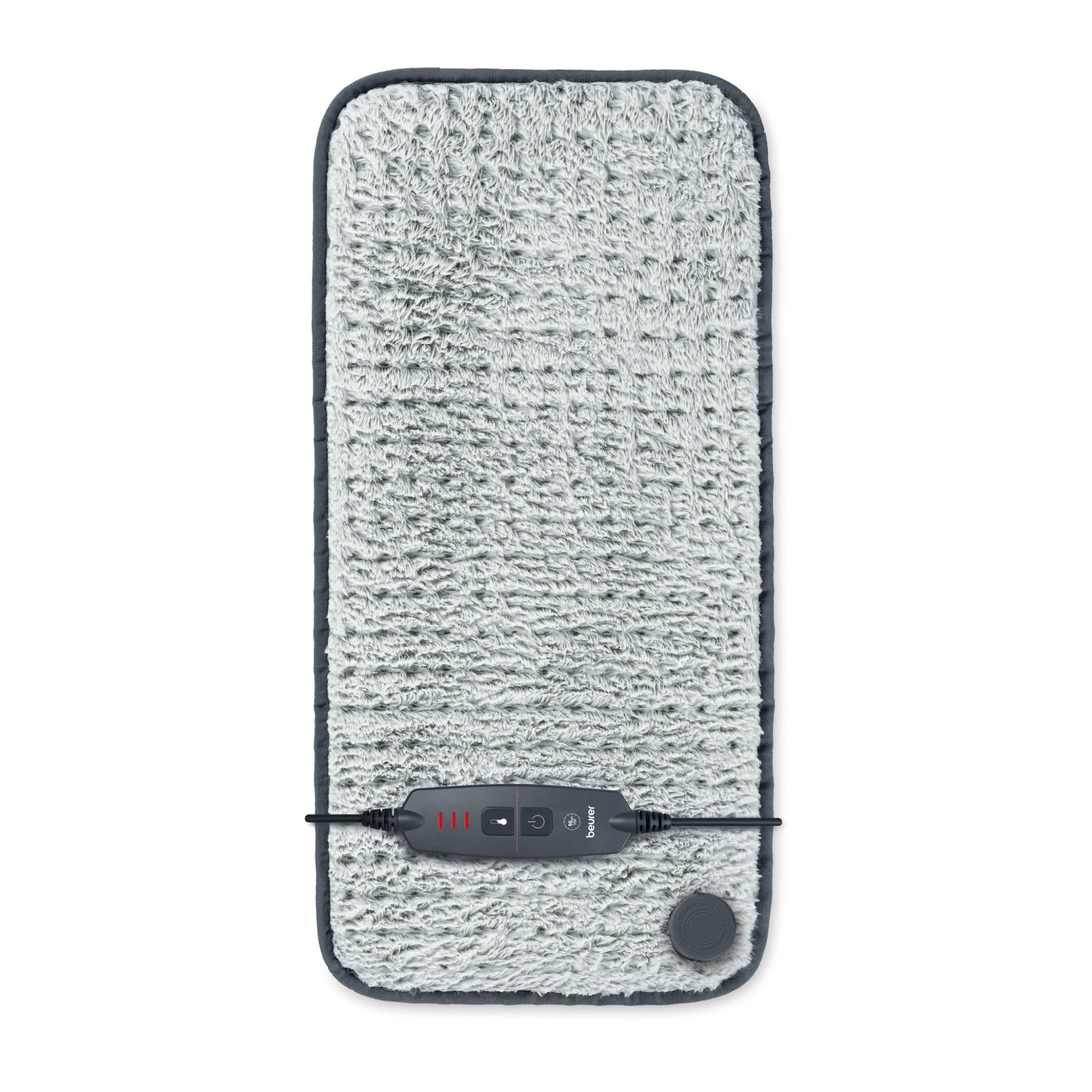 Grey personal heating pad with black edge trim, built-in round sensor, and controller