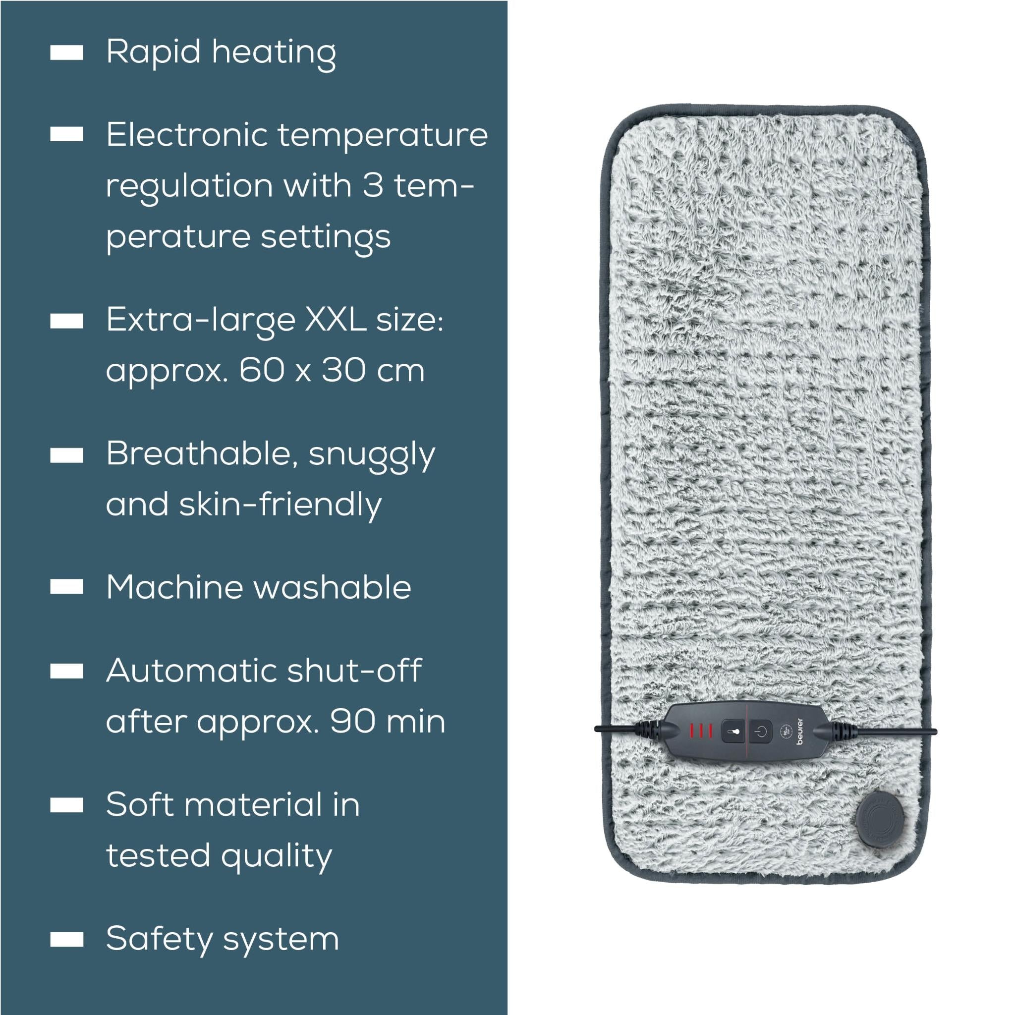 Grey XXL personal heating pad with control panel and soft fleece cover