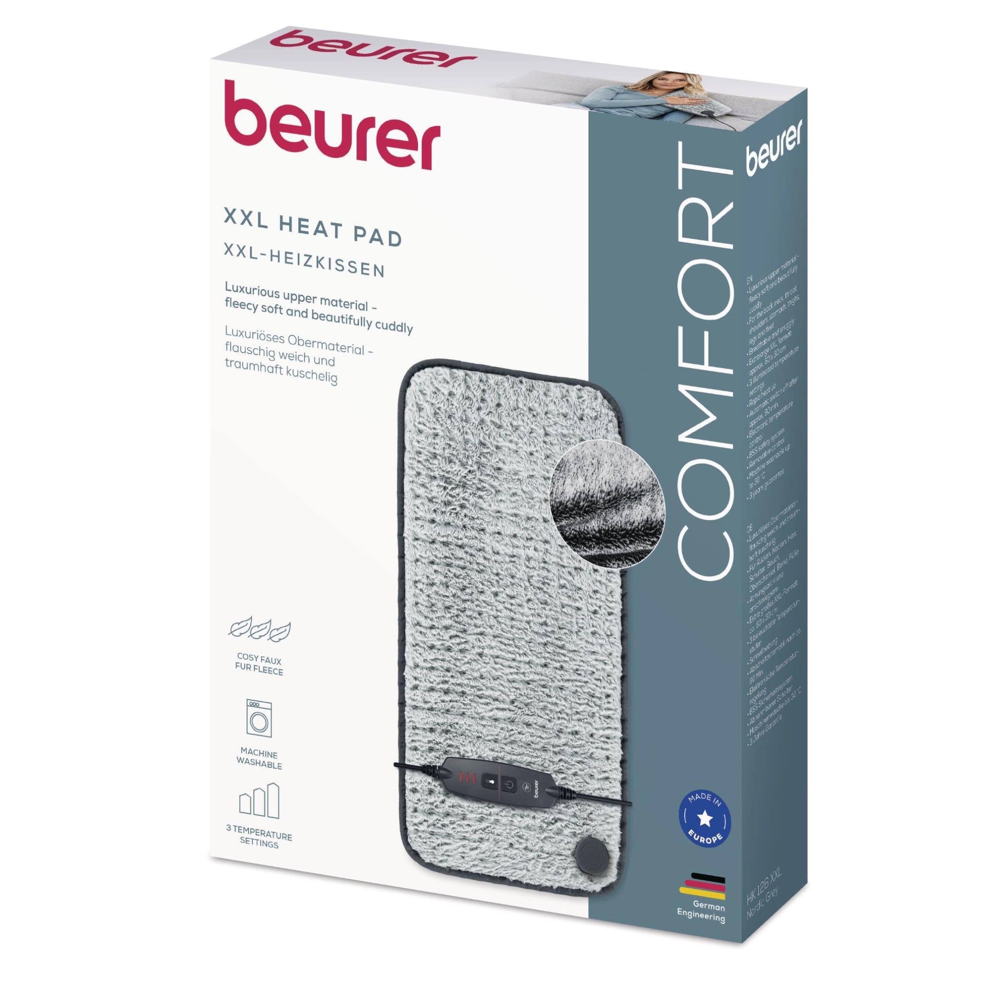 Beurer XXL heat pad box showing grey heating pad with control panel