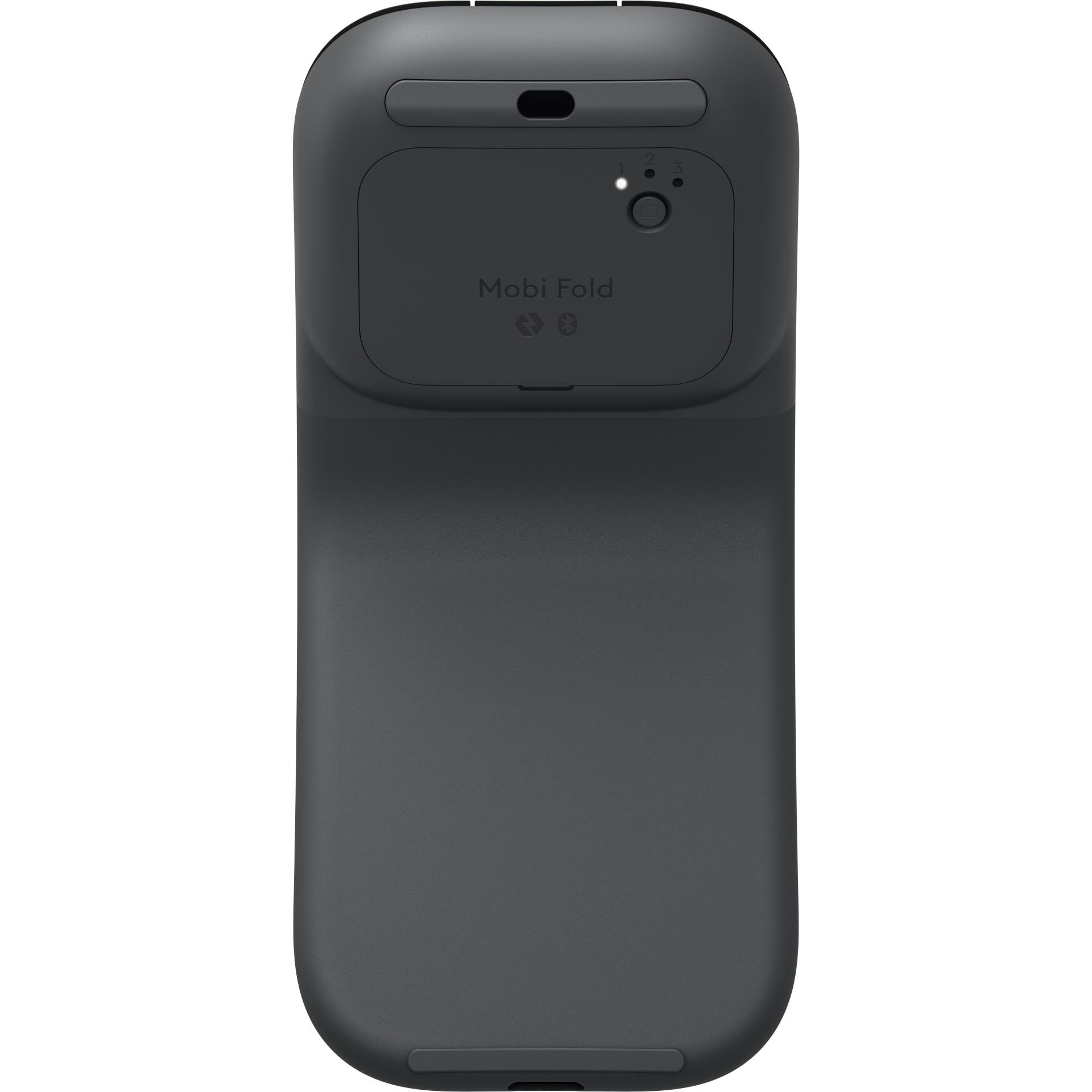 Foldable wireless mouse underside with port openings and charging area