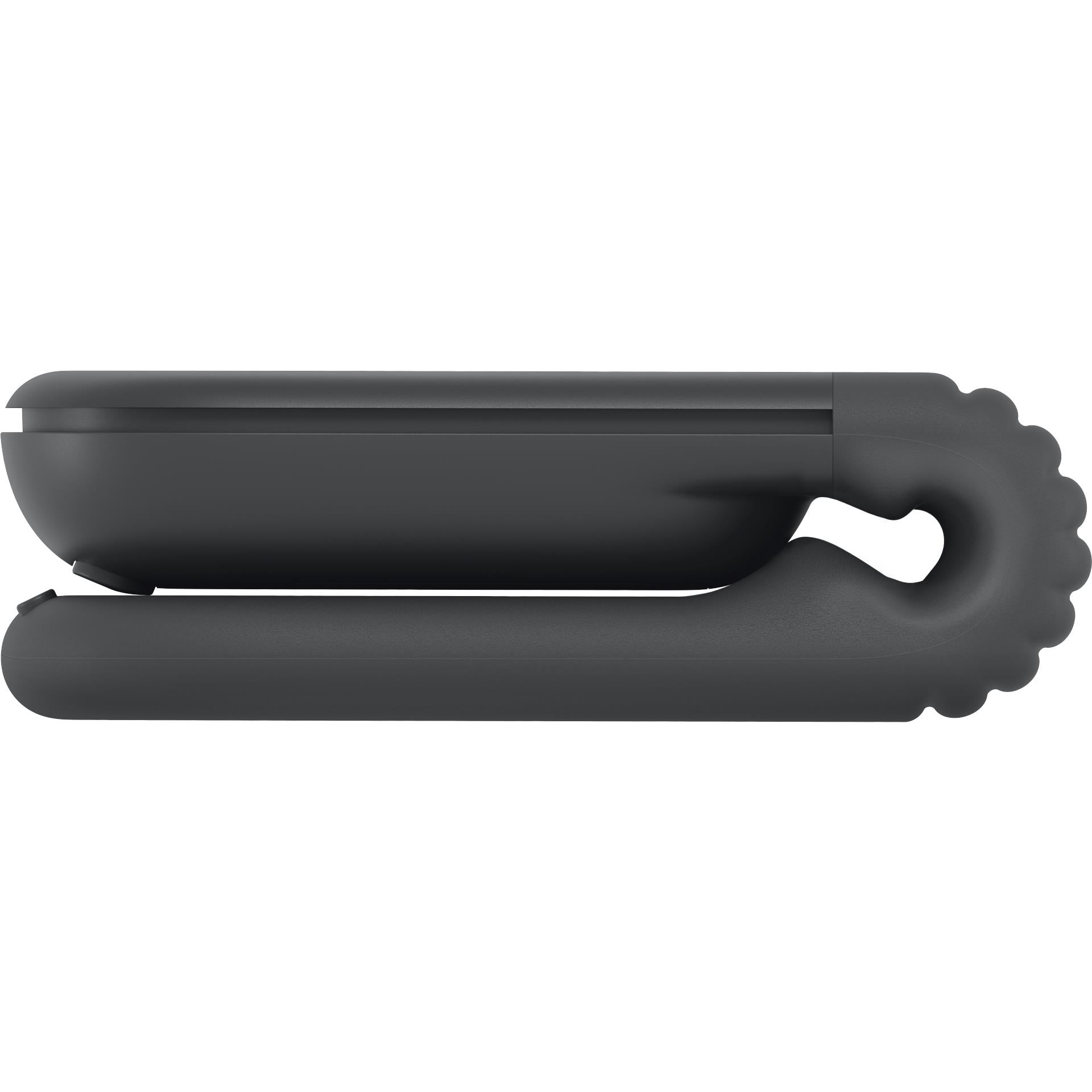 Folded wireless mouse side view with curved hinge and textured edges