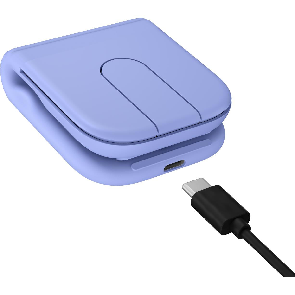 Lilac foldable compact mouse with charging cable plugged into bottom port