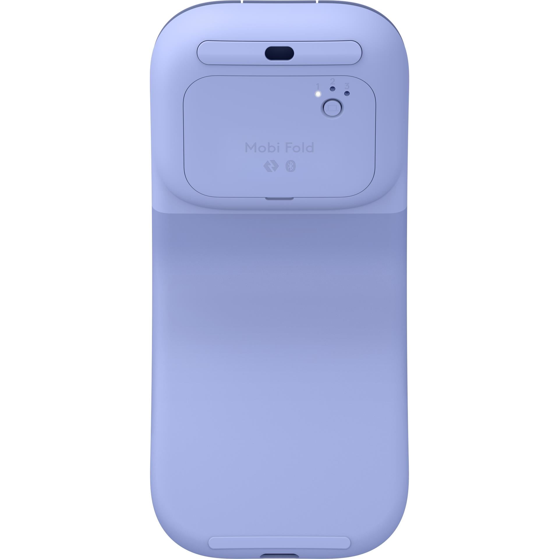 Lilac foldable rechargeable mouse rear view with logo and charging panel