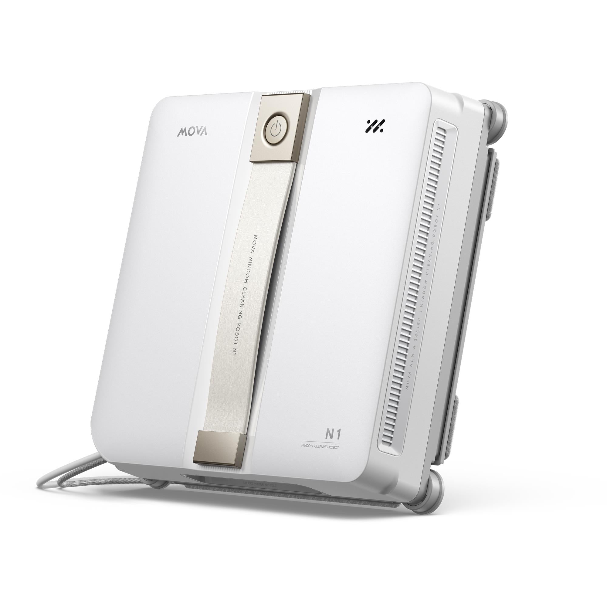 MOVA N1 window cleaning robot with dual-wing mist ports, white body and power button
