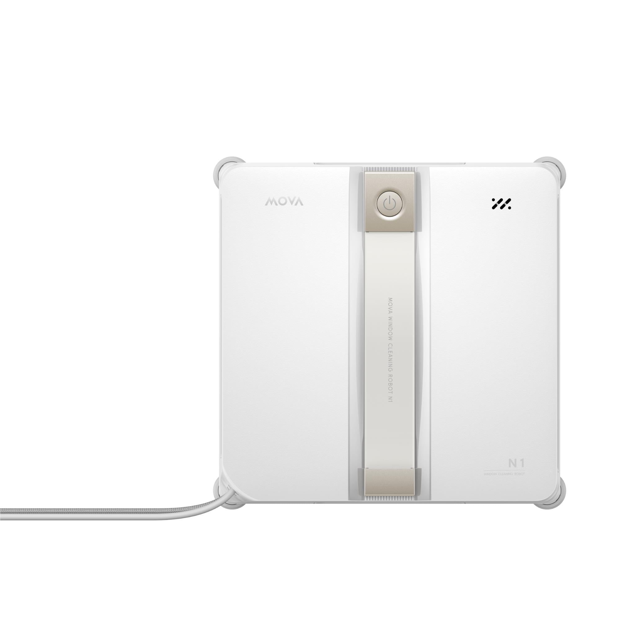 Window cleaning robot in white with center mist strip, top controls and side corner pads