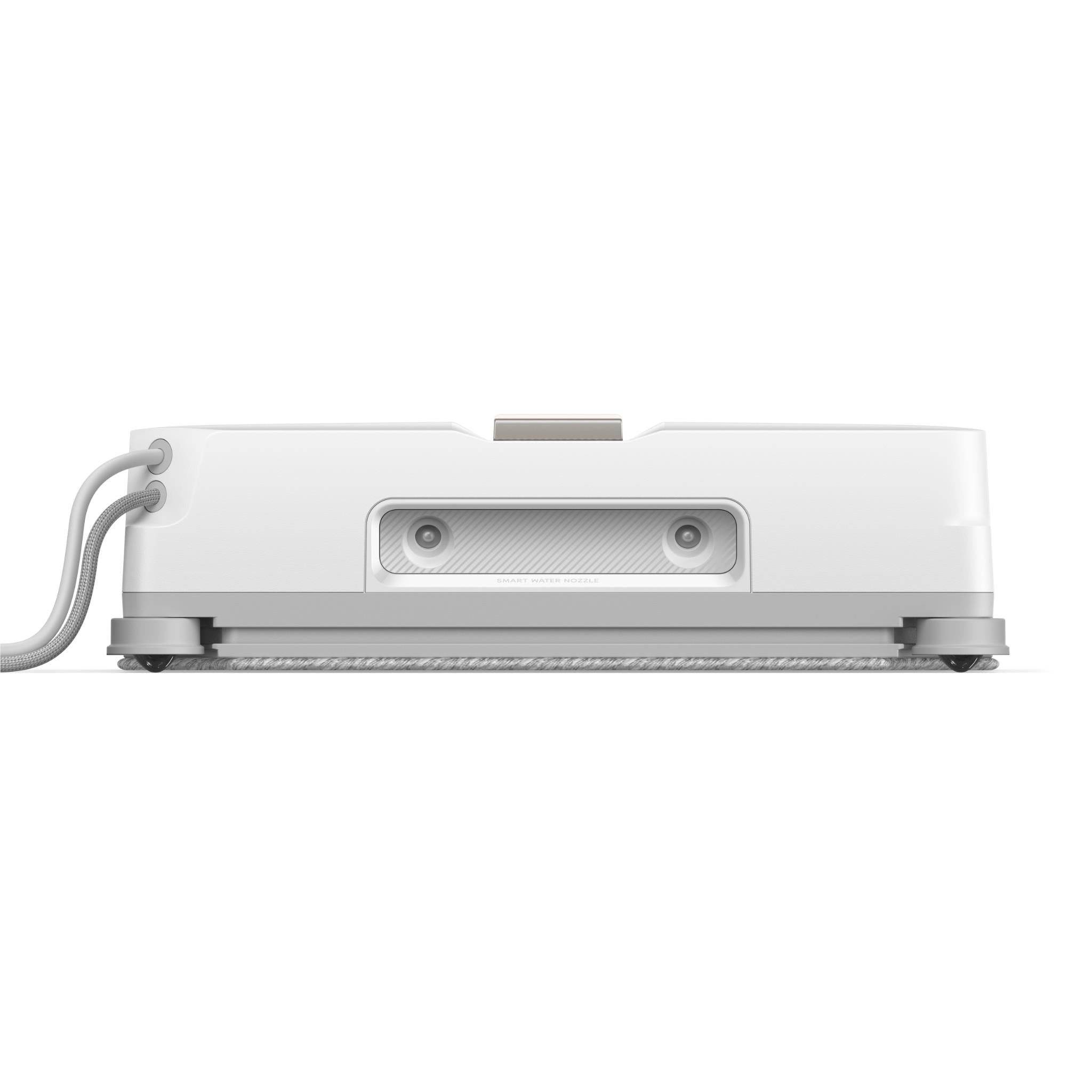 Window cleaning robot side view with textured base bar and control strip, white casing