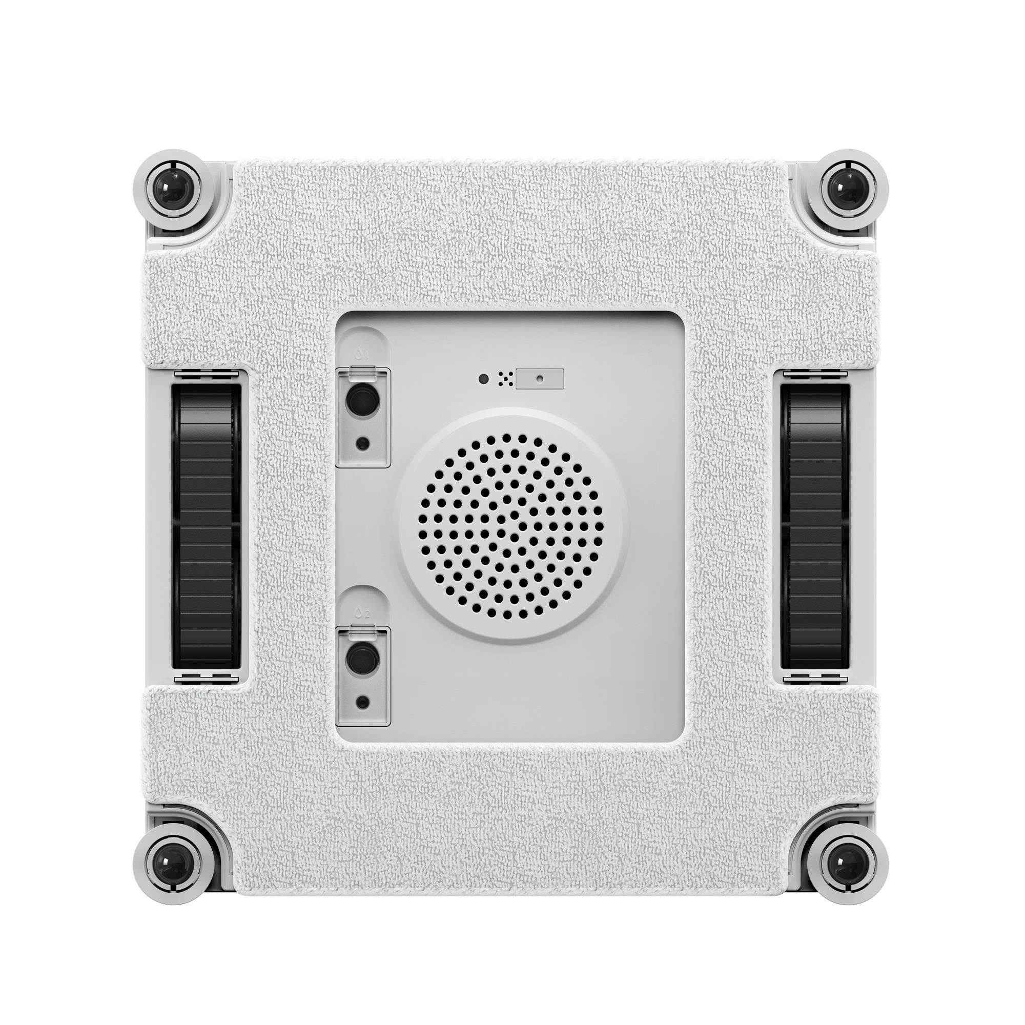 Window cleaning robot underside with circular speaker grille and four corner pads