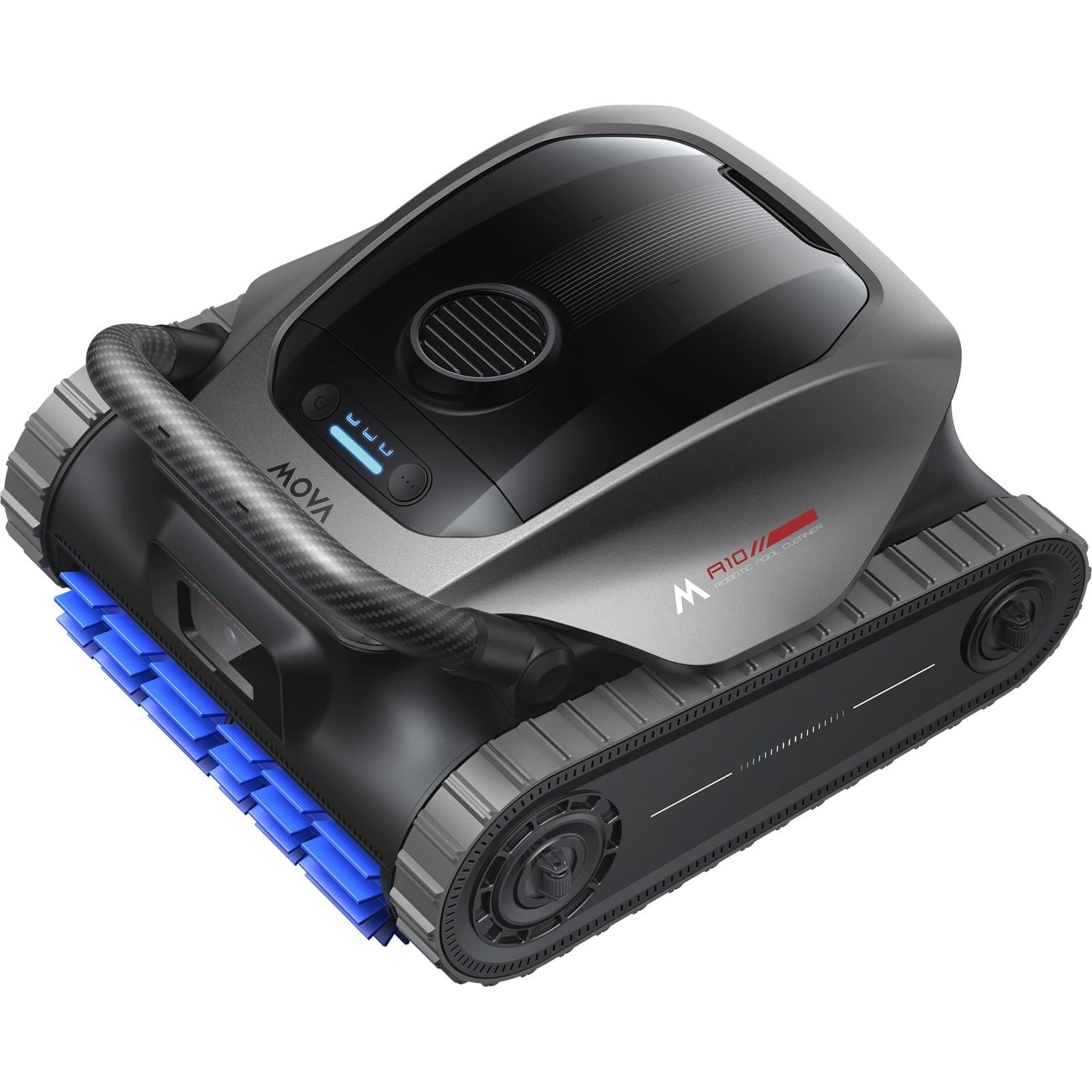 MOVA robot pool cleaner with blue brush rollers and textured black hose