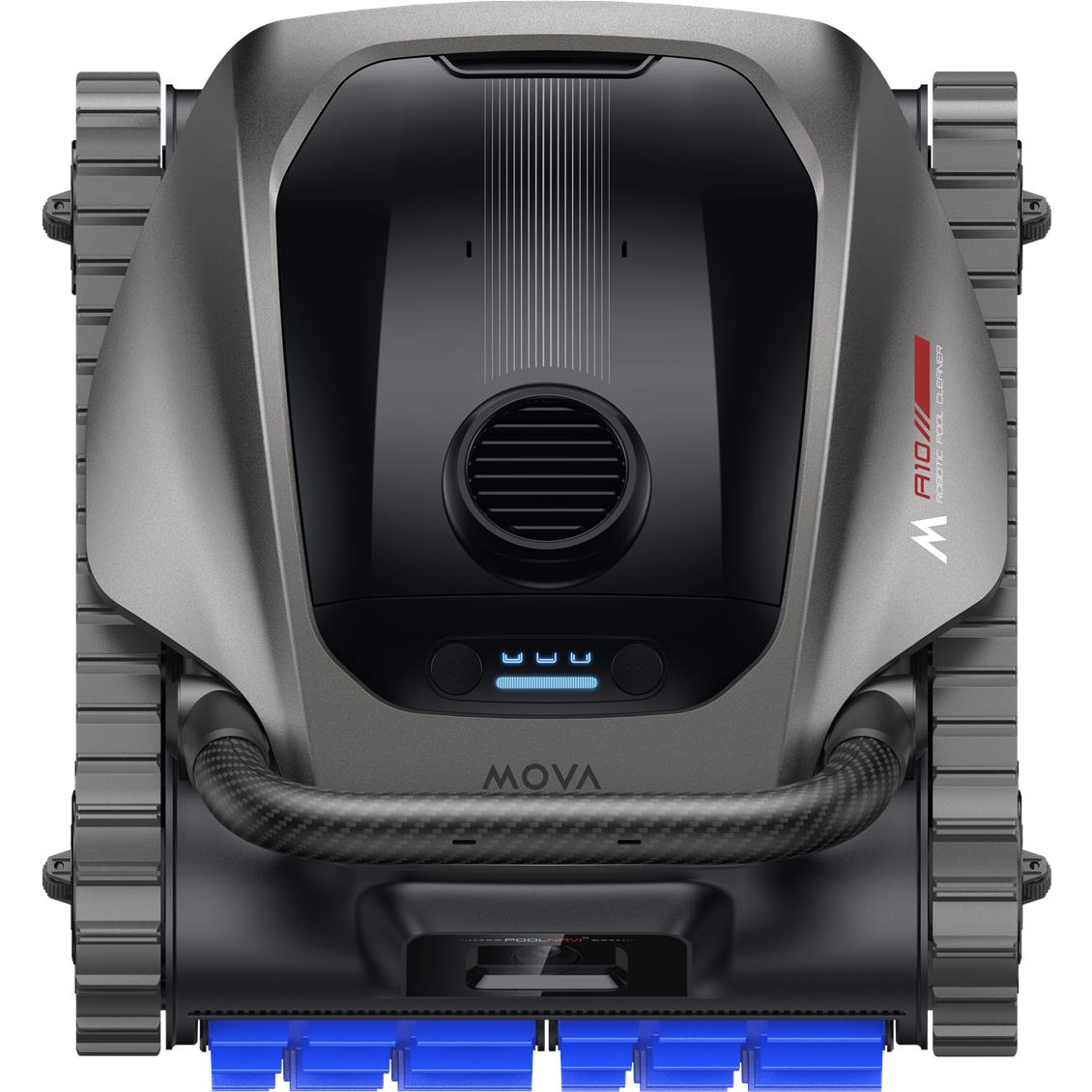 MOVA robot pool cleaner front view with vented panel and blue status lights