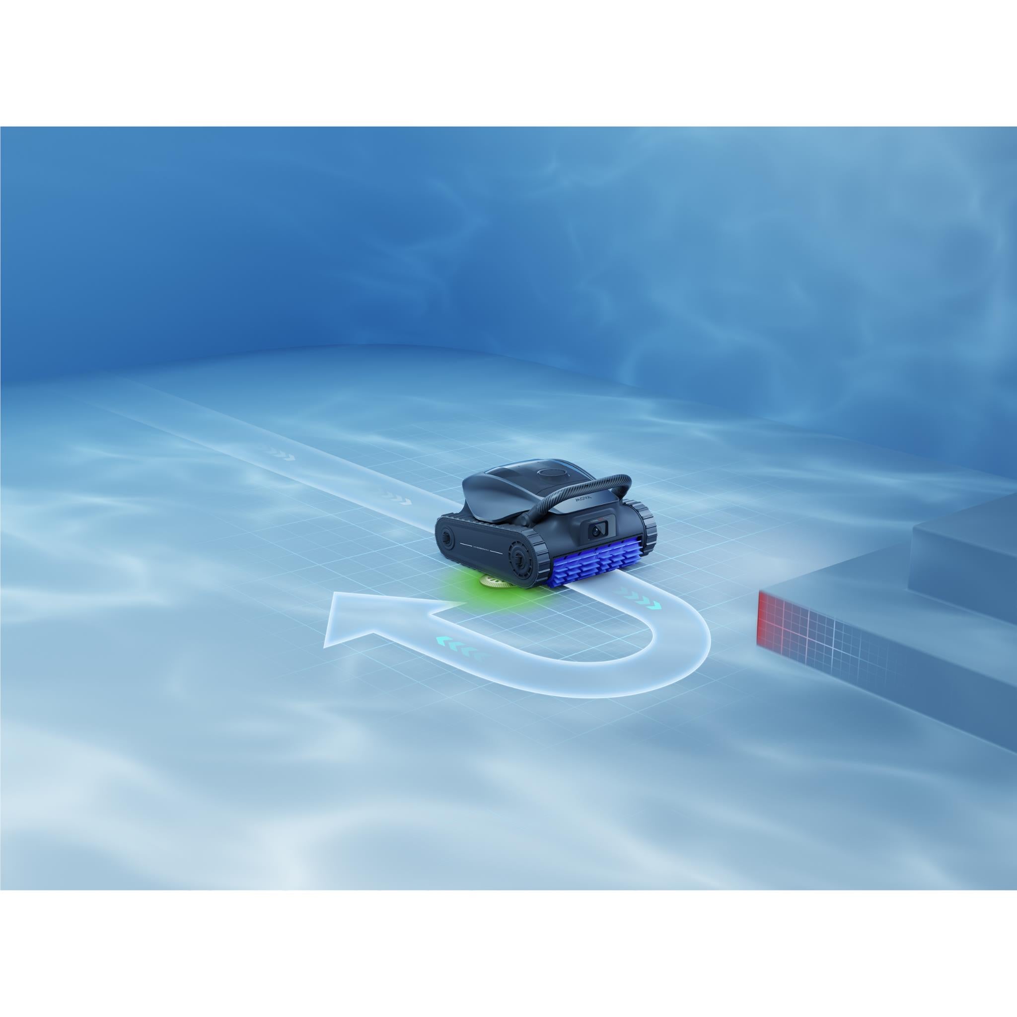 Robot pool cleaner gliding on pool floor with front brush