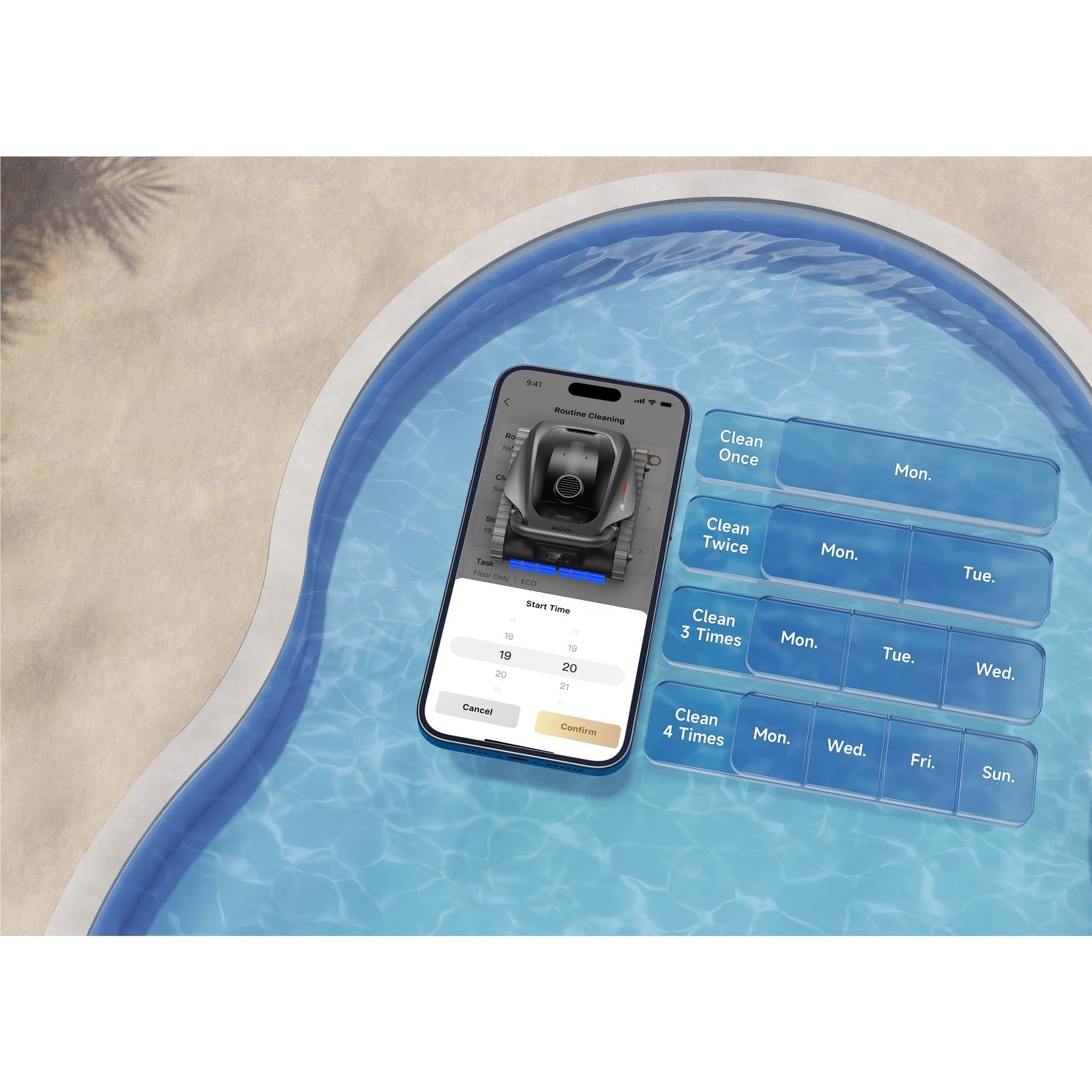 Robot pool cleaner app screen showing weekly cleaning schedule