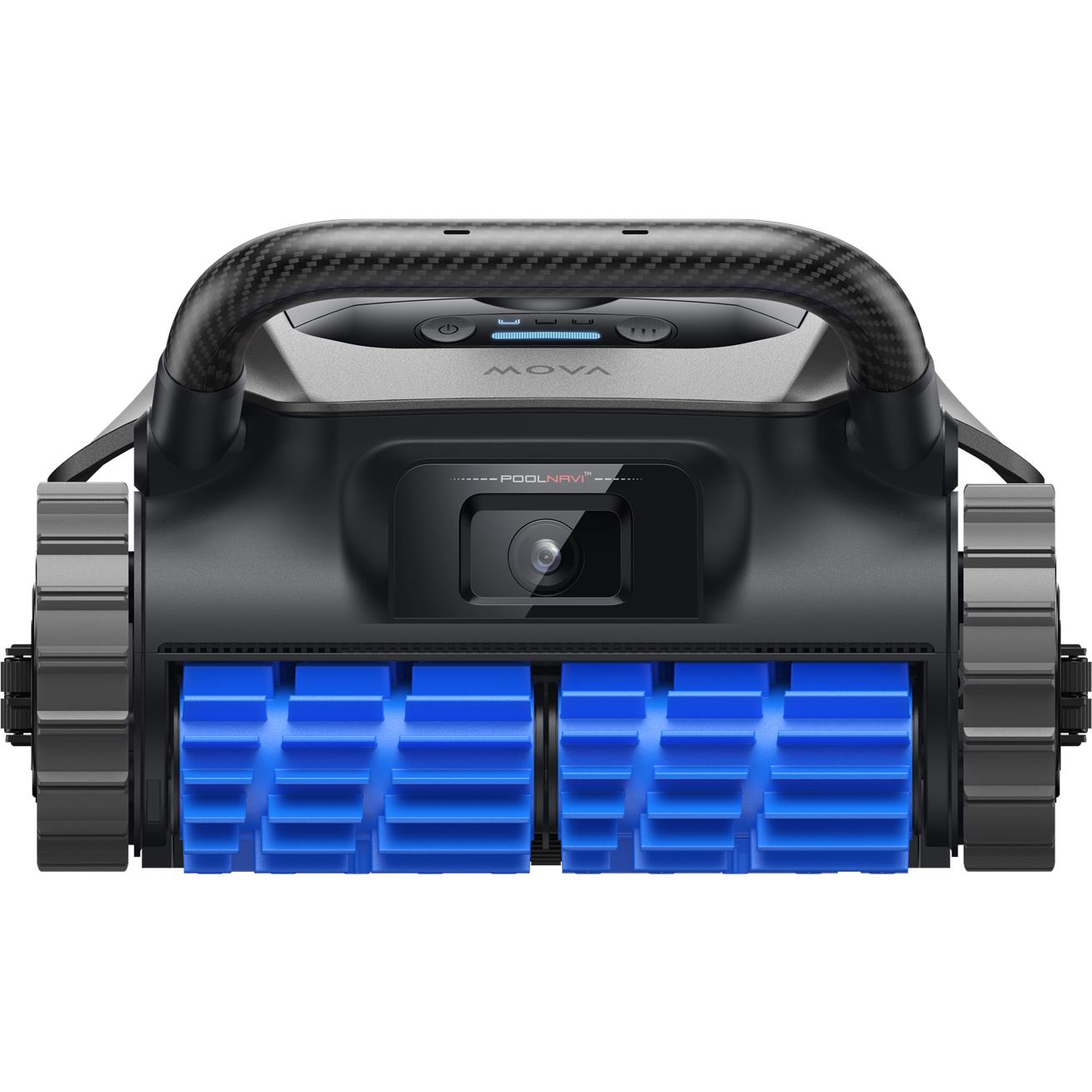 MOVA robot pool cleaner side view with large blue cylindrical brush rollers