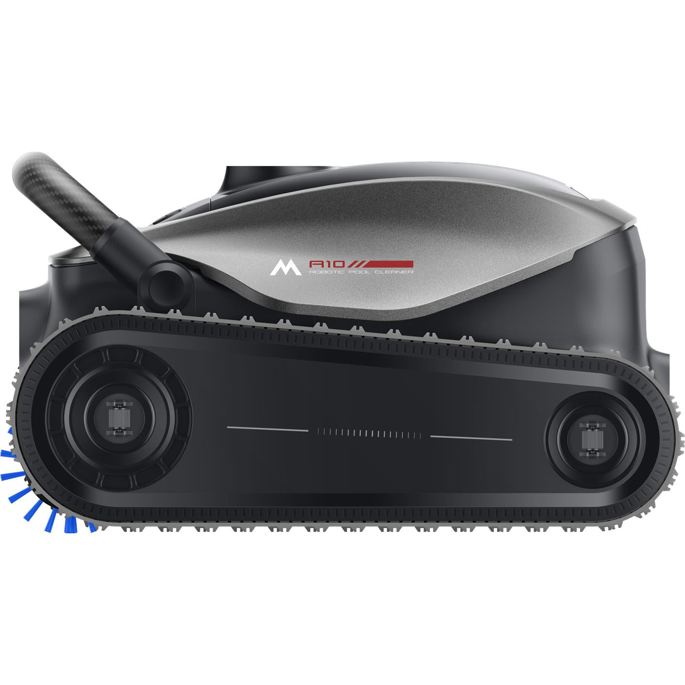 MOVA robot pool cleaner side profile with front wheel grilles and blue strip lights
