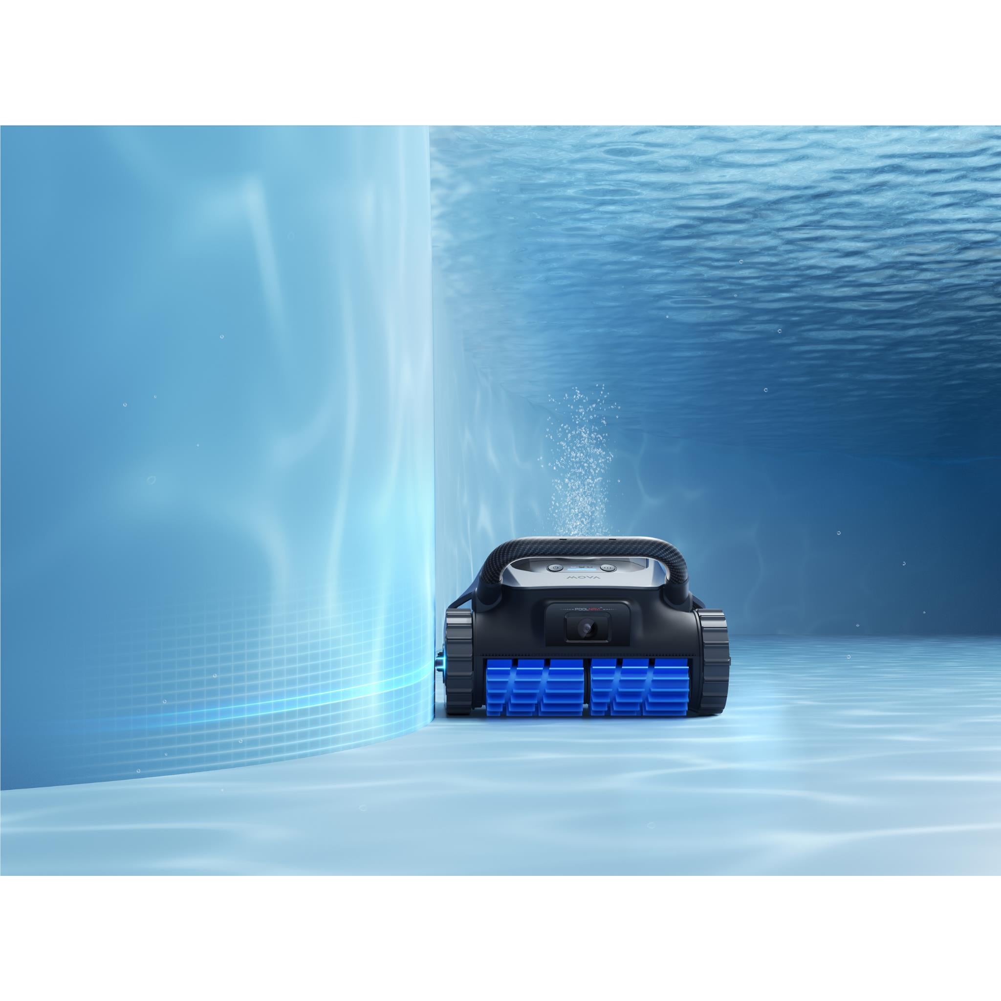 MOVA robot pool cleaner driving in pool water, showing blue brush rollers