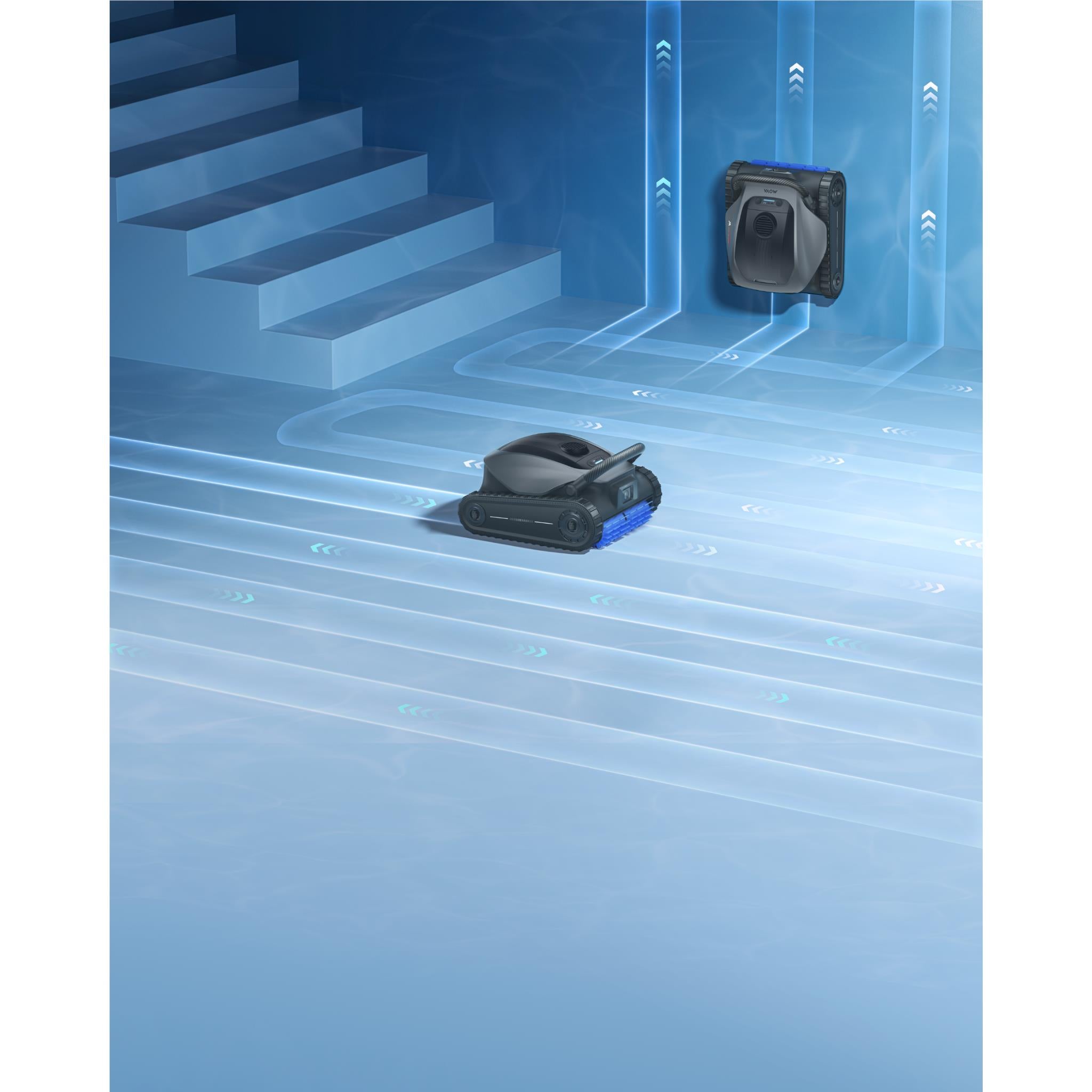 MOVA robot pool cleaner on pool surface with blue light indicators and brush rollers