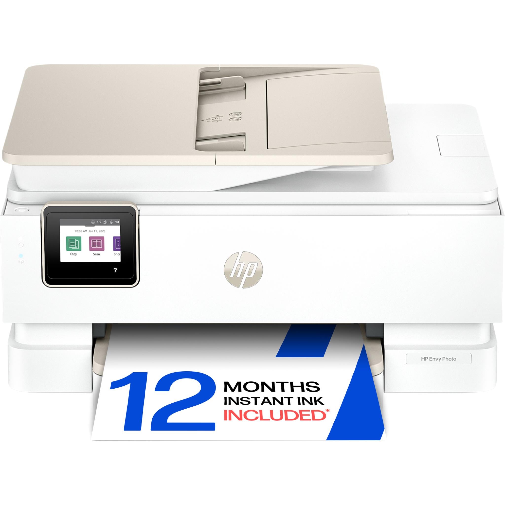 White HP all-in-one printer with color touchscreen and top paper tray