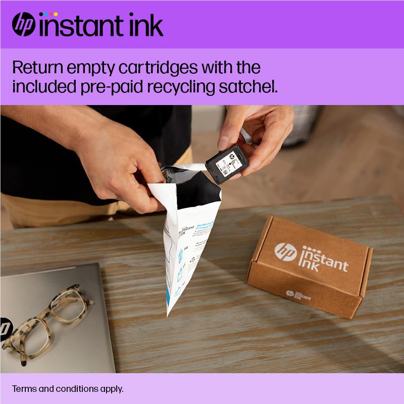 HP Instant Ink pre-paid recycling satchel with an ink cartridge being inserted