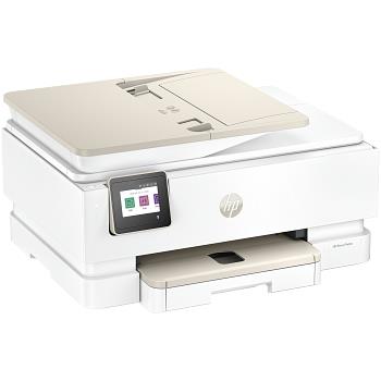 White HP all-in-one printer with touchscreen display and open top paper tray