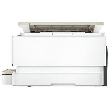 White HP all-in-one printer with top cover open and paper feed area visible