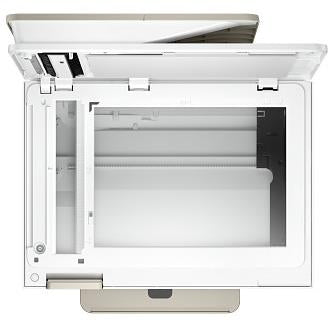 White HP all-in-one printer with interior access bay open
