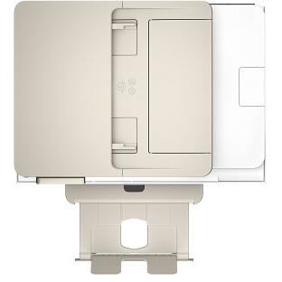 White HP all-in-one printer rear view with connection ports and panels