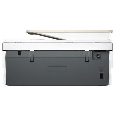 White HP all-in-one printer rear view with control ports visible