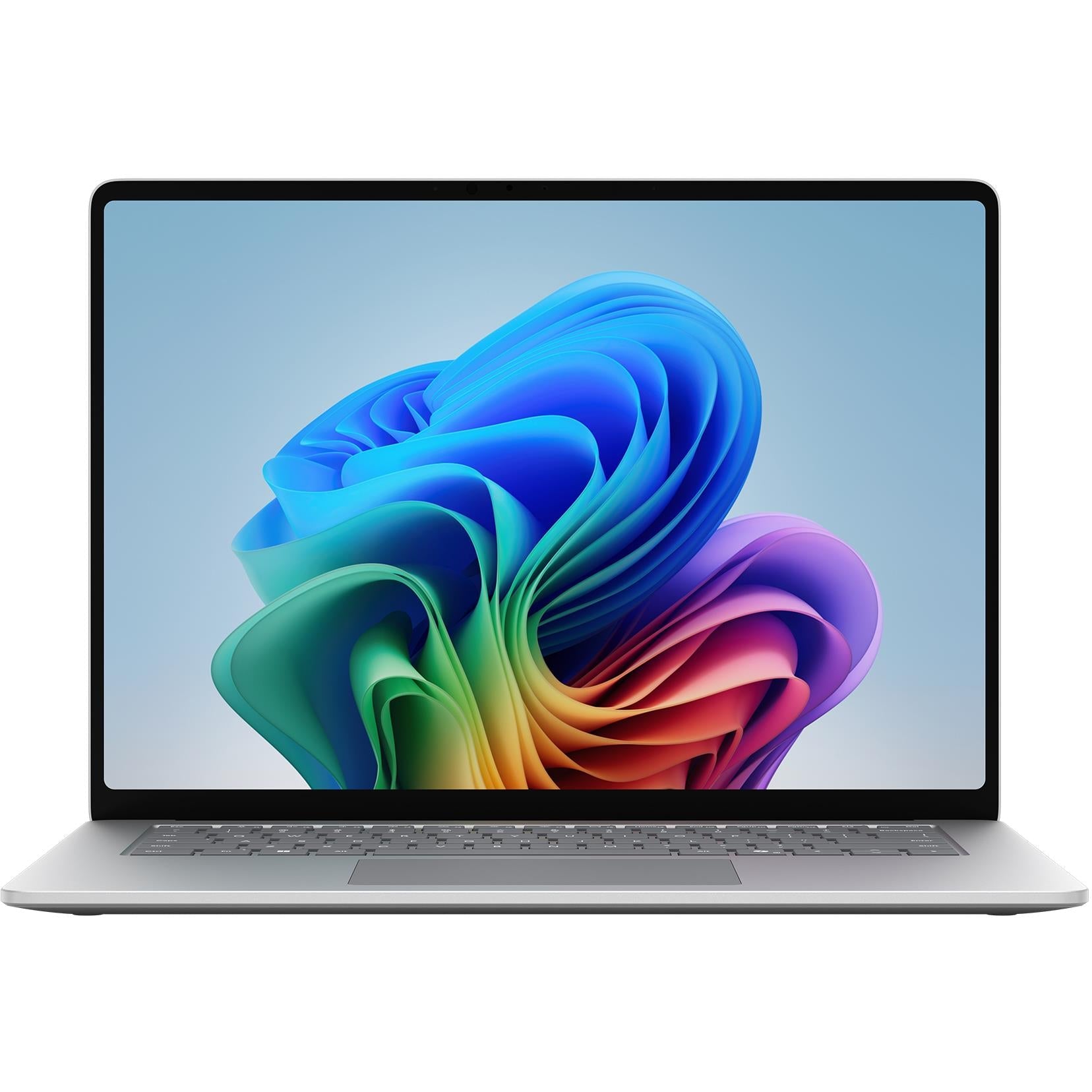Platinum laptop with open display and gray keyboard