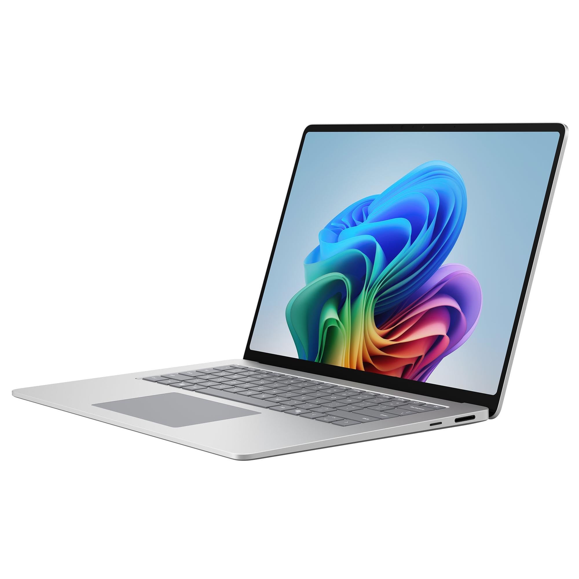 Platinum laptop open with blue abstract display and gray keyboard