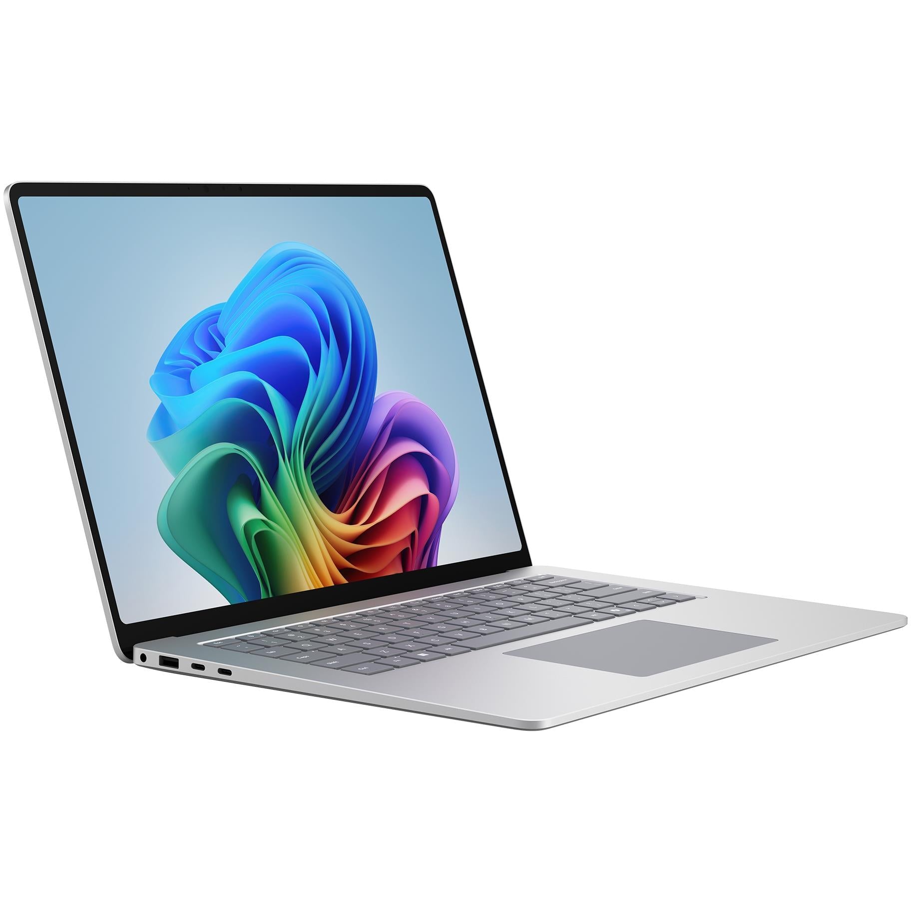 Platinum laptop open with colorful abstract wallpaper on screen