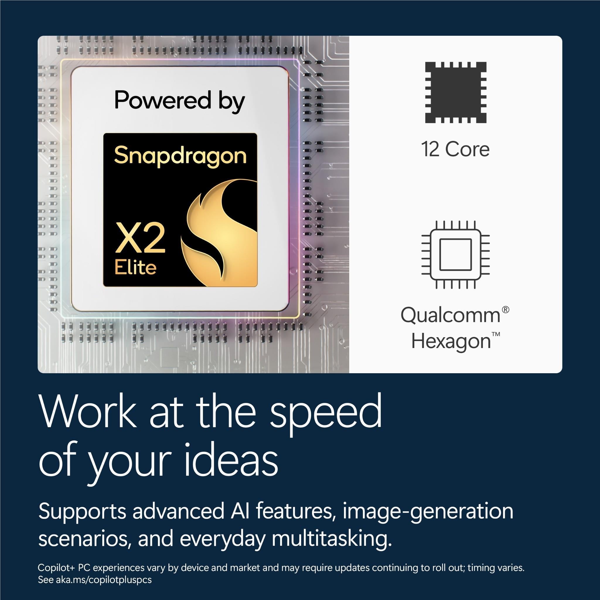 Laptop processor graphic with Snapdragon X2 Elite and Hexagon icons