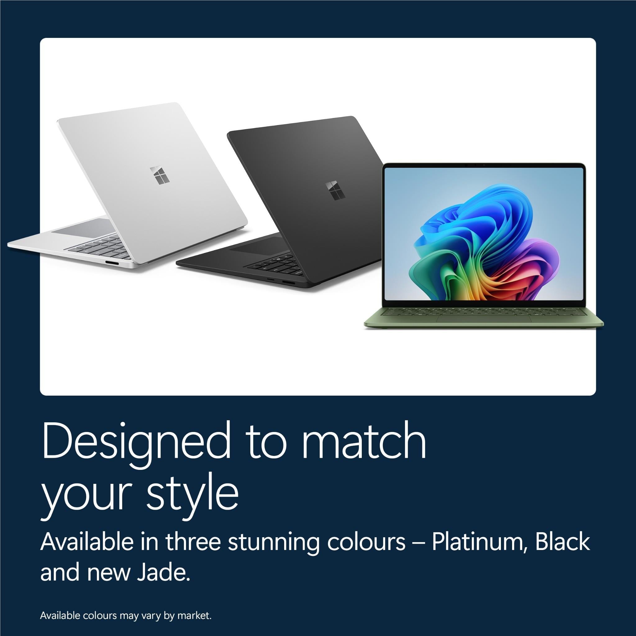 Two-tone laptop lineup: platinum, black, and jade open computers