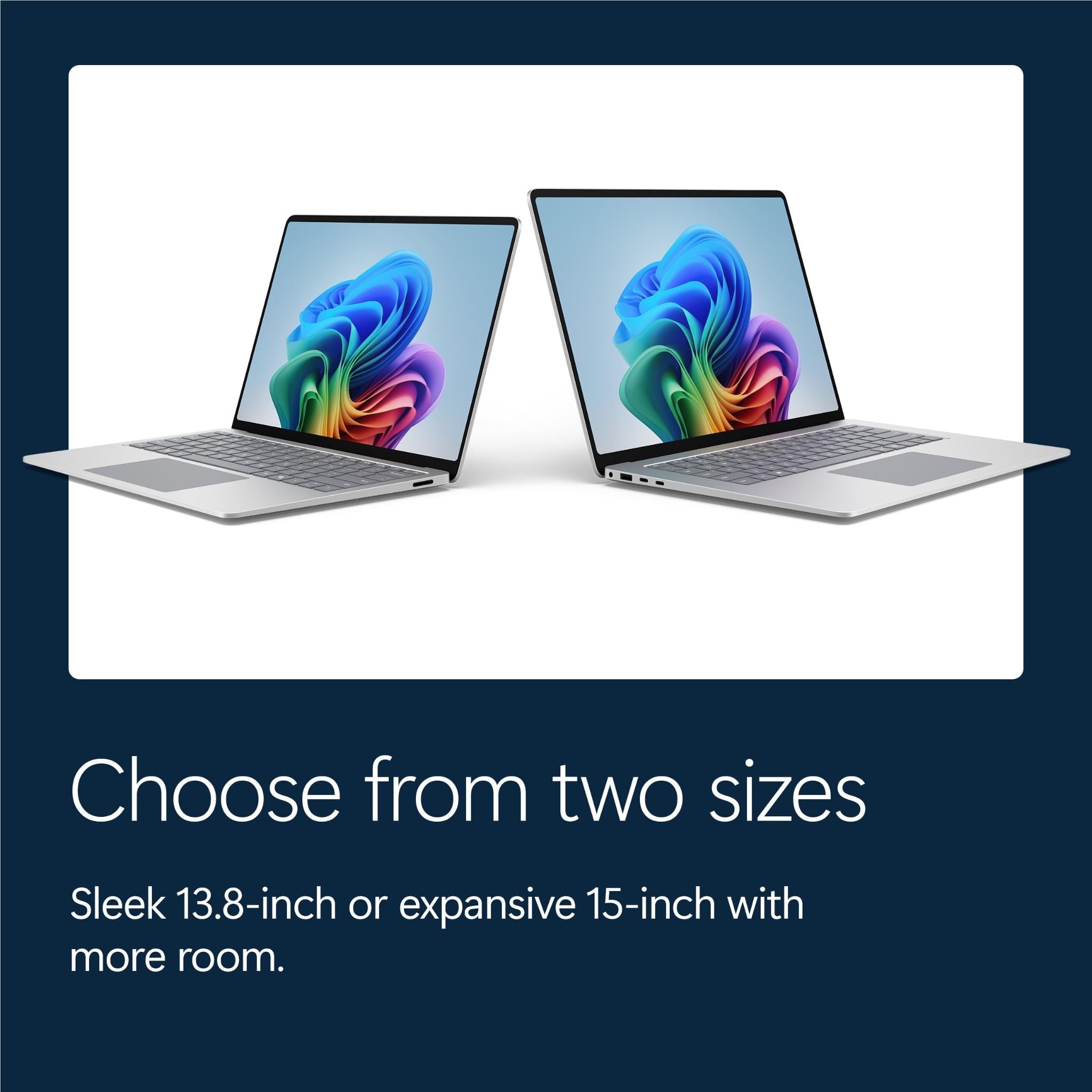 Two open Surface-style laptops in platinum, side by side