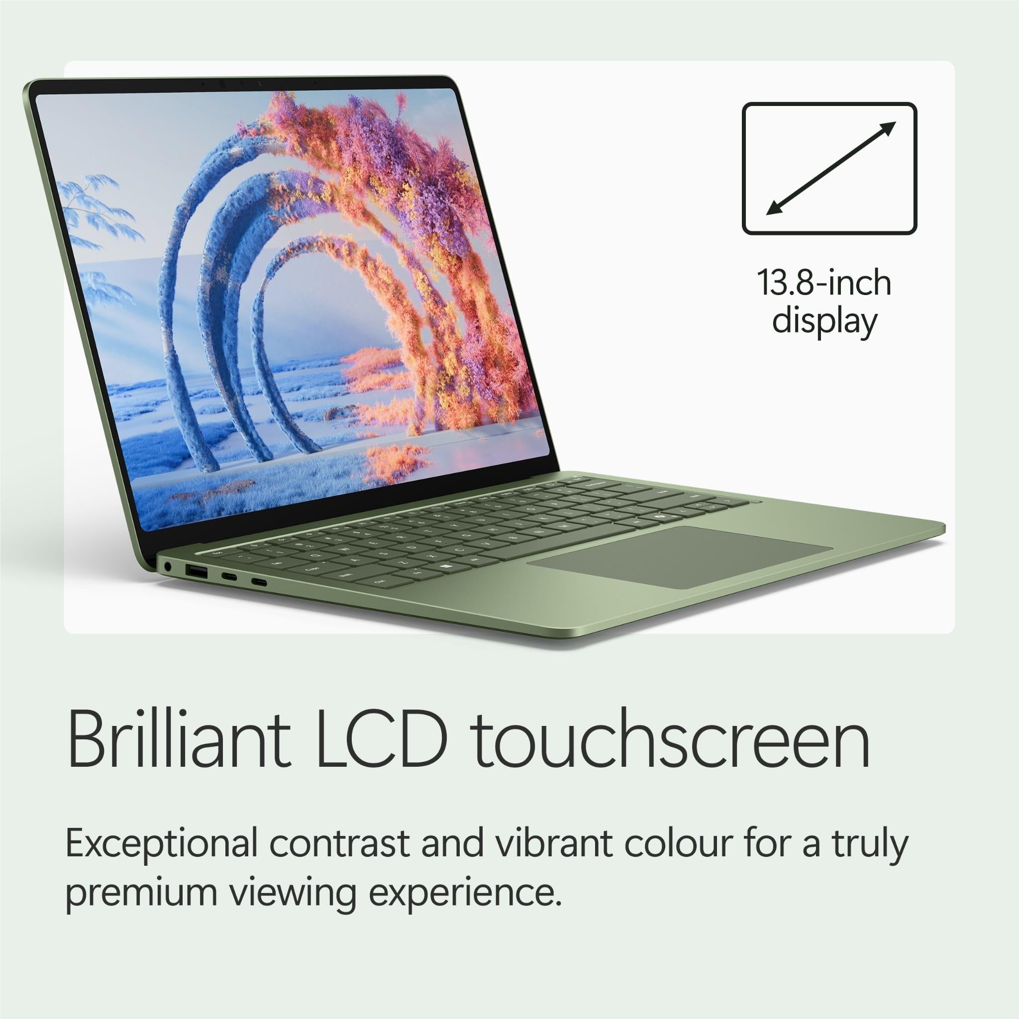 Jade Surface Laptop with angled open display and colorful wallpaper