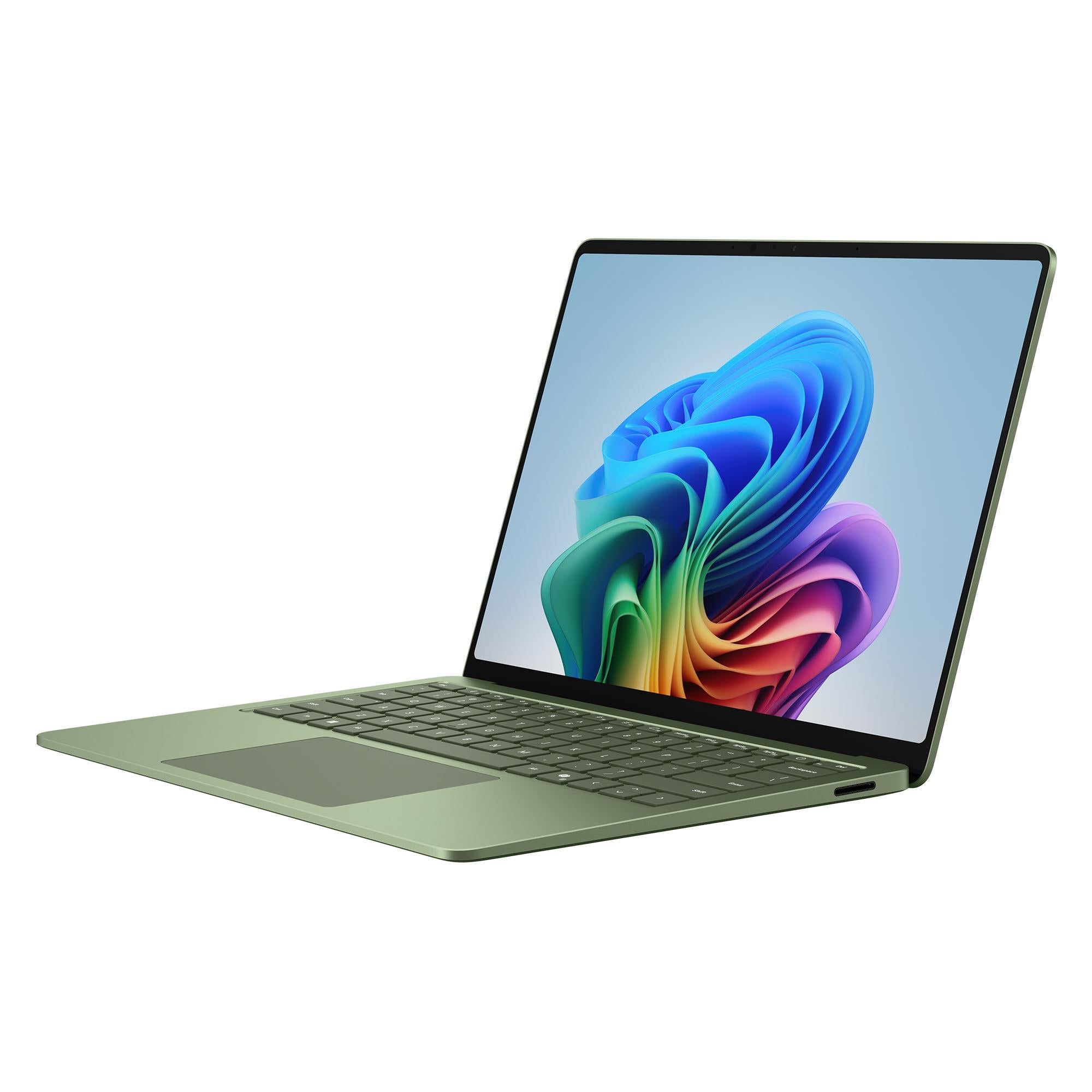 Jade green Surface Laptop with colorful display and keyboard, open